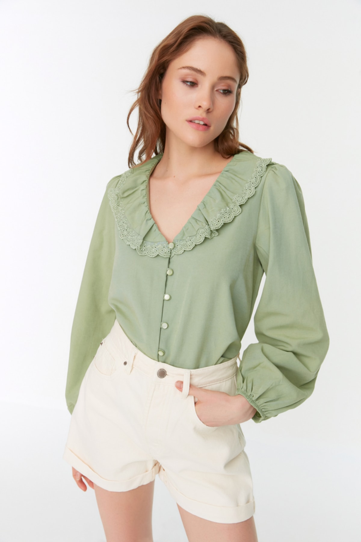 Trendyol Mint Collar Lace Detailed Woven Shirt