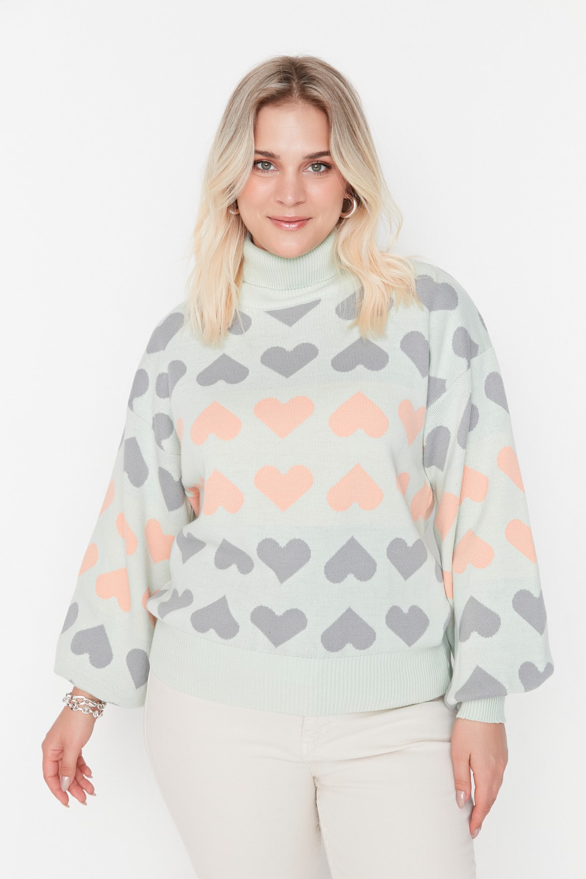 Trendyol Curve Green Patterned Knitwear Sweater