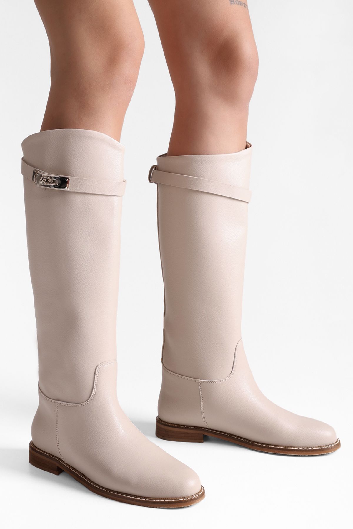 Shoeberry Women's Larissa Beige Skin Buckle Riding Boots Beige Skin