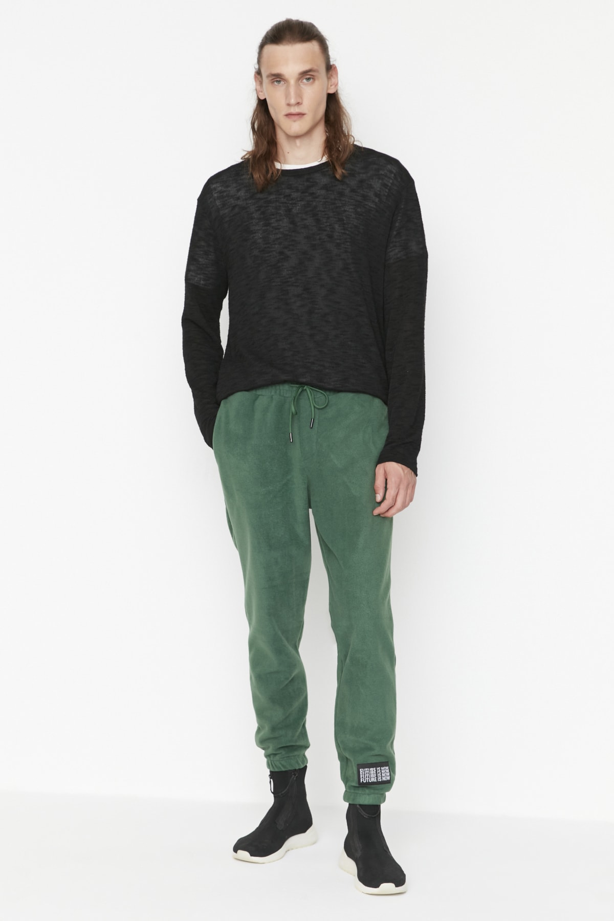 Levně Trendyol Duck Head Green Men's Regular Fit Elastic Leg Label Appliqué Fleece Sweatpants