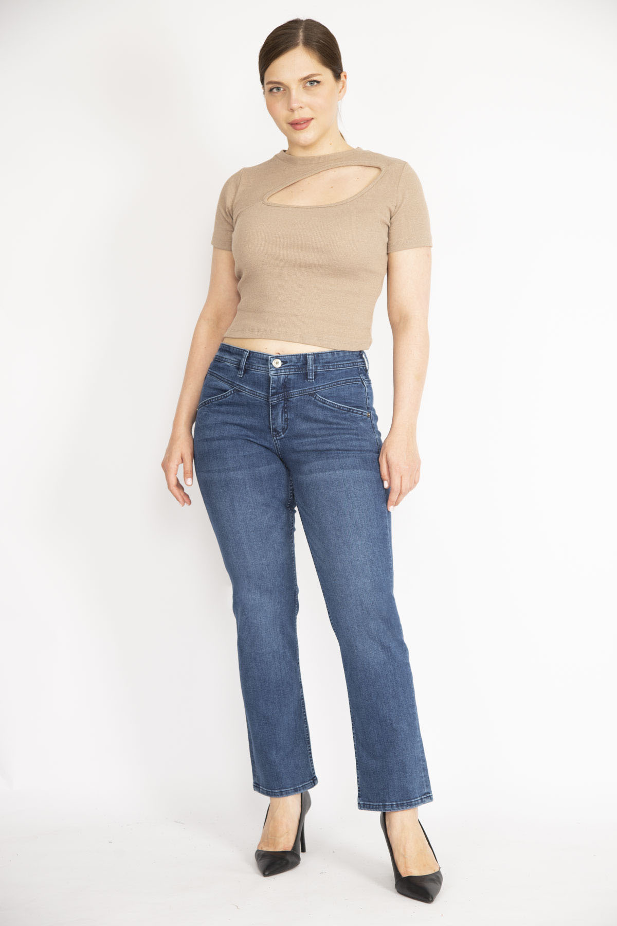 Şans Women's Plus Size Navy Blue Belt Detail 5 Pocket Lycra Jeans