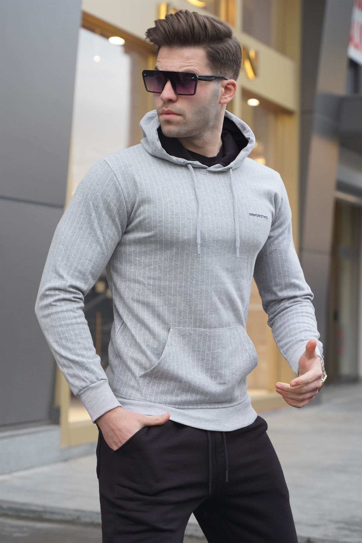 Levně Madmext Men's Gray Striped Hooded Sweatshirt