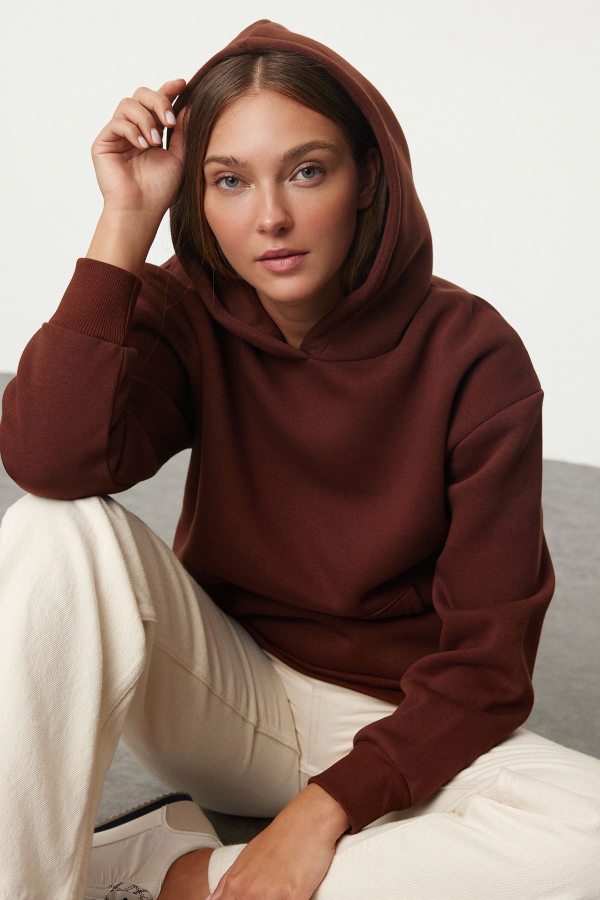 Trendyol Brown Hooded Regular/Normal Pattern Knitted Sweatshirt