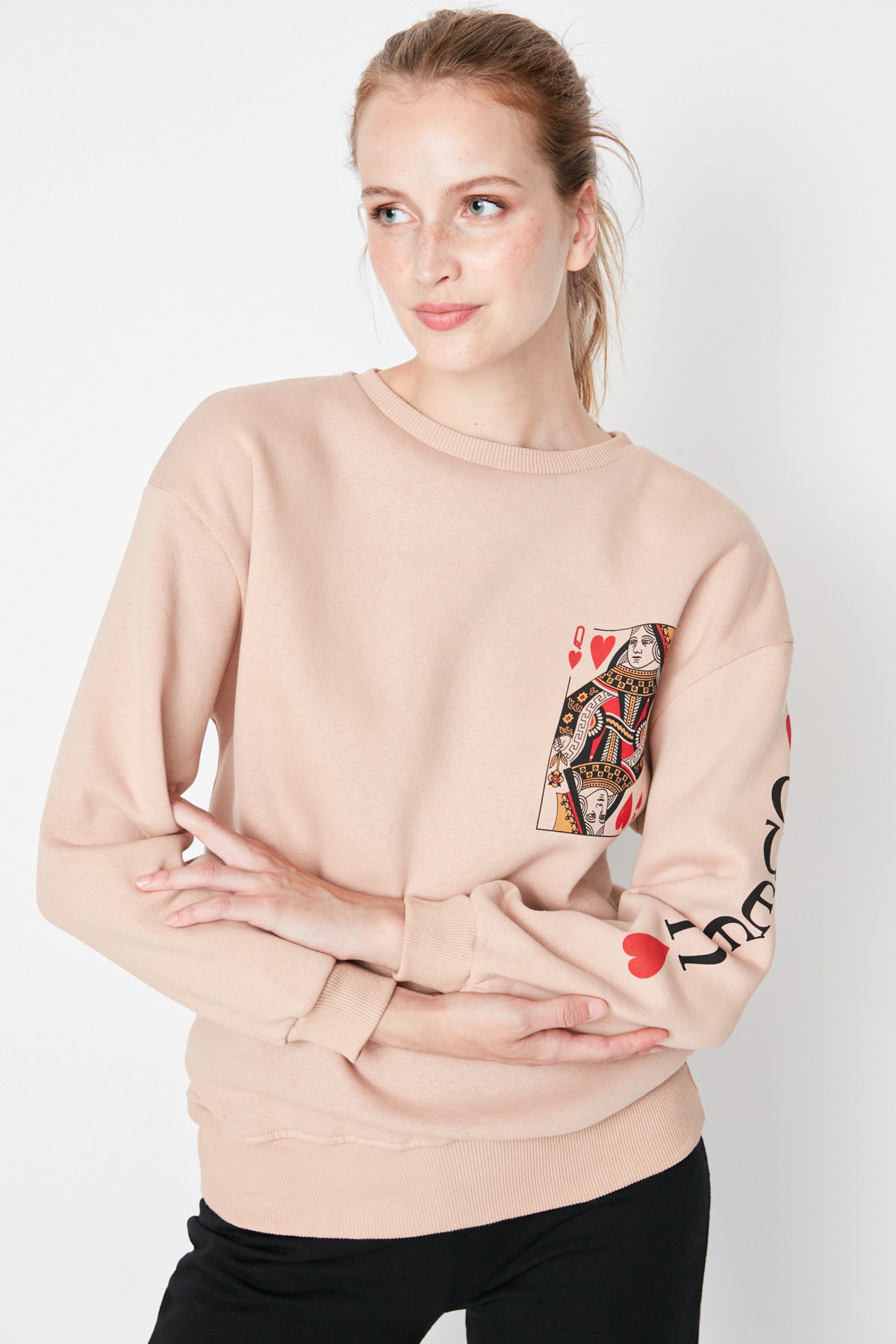 Trendyol Beige Printed Loose Thick Knitted Sweatshirt with Fleece Inside