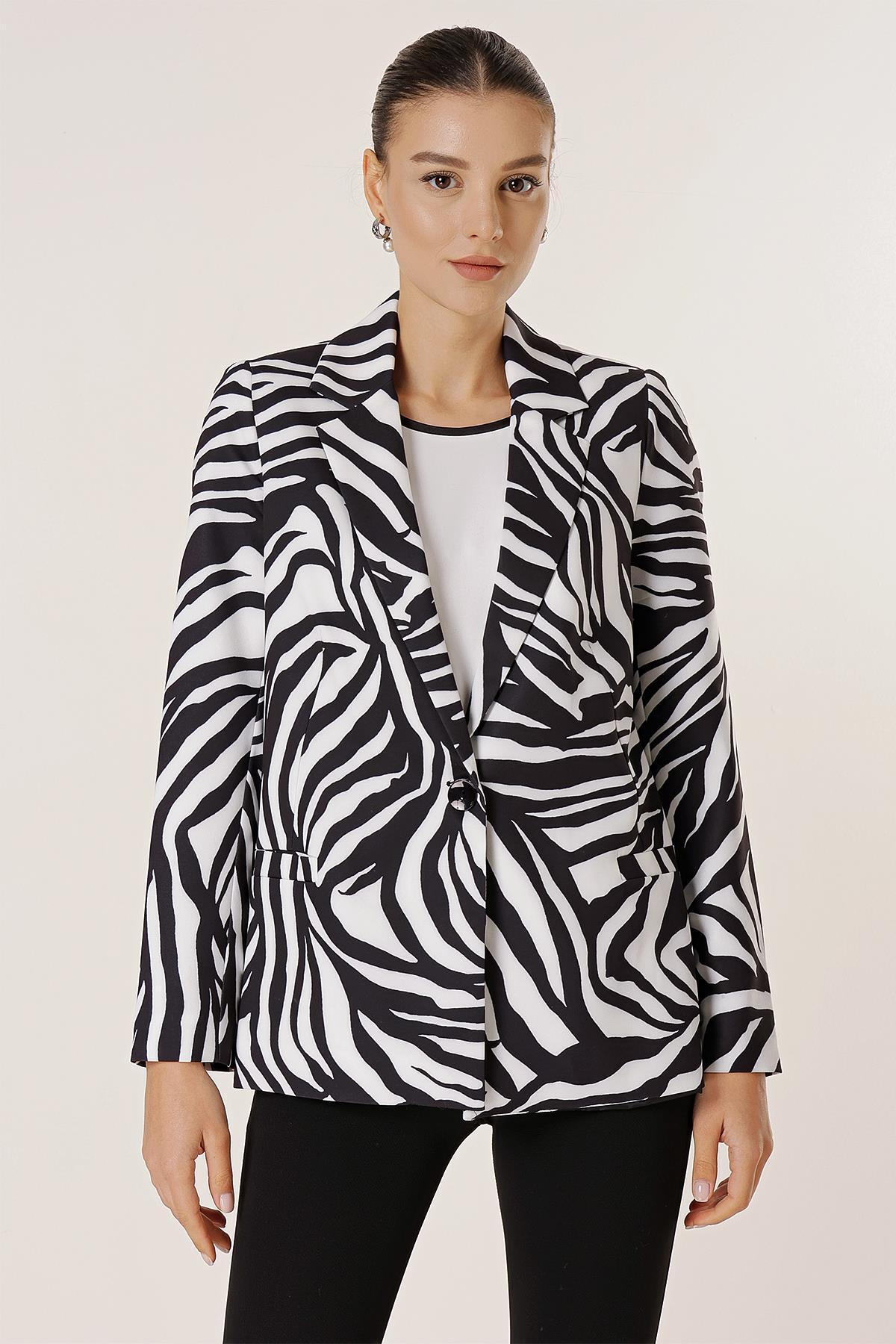 Levně By Saygı One Button Lined Zebra Pattern Comfort Fit Jacket