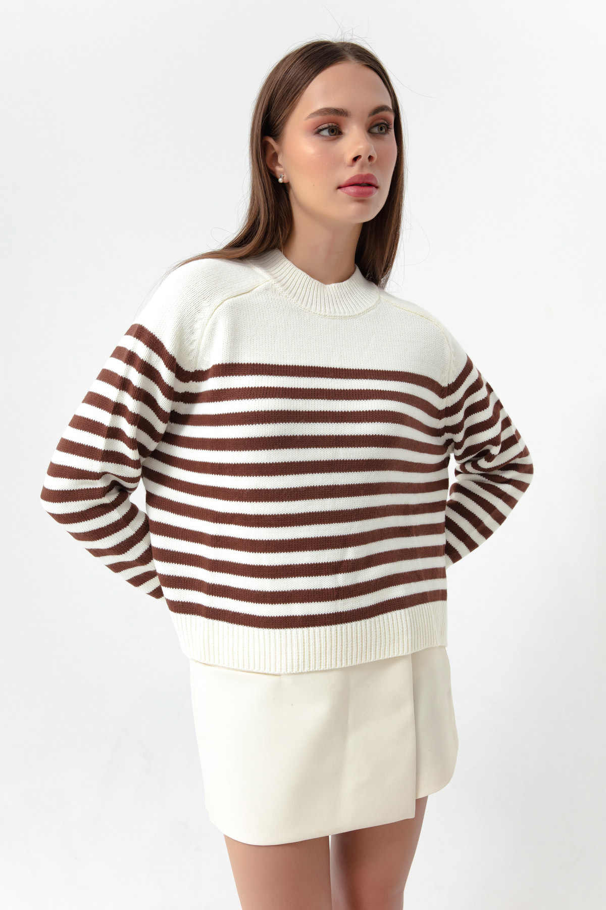 Levně Lafaba Women's Brown Turtleneck Striped Knitwear Sweater