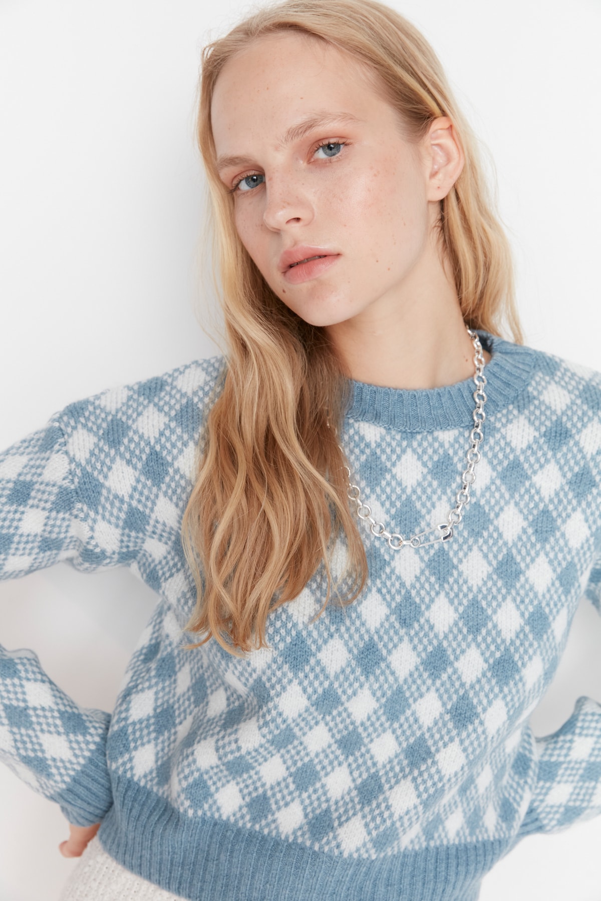 Trendyol Blue Crop Soft Textured Patterned Knitwear Sweater