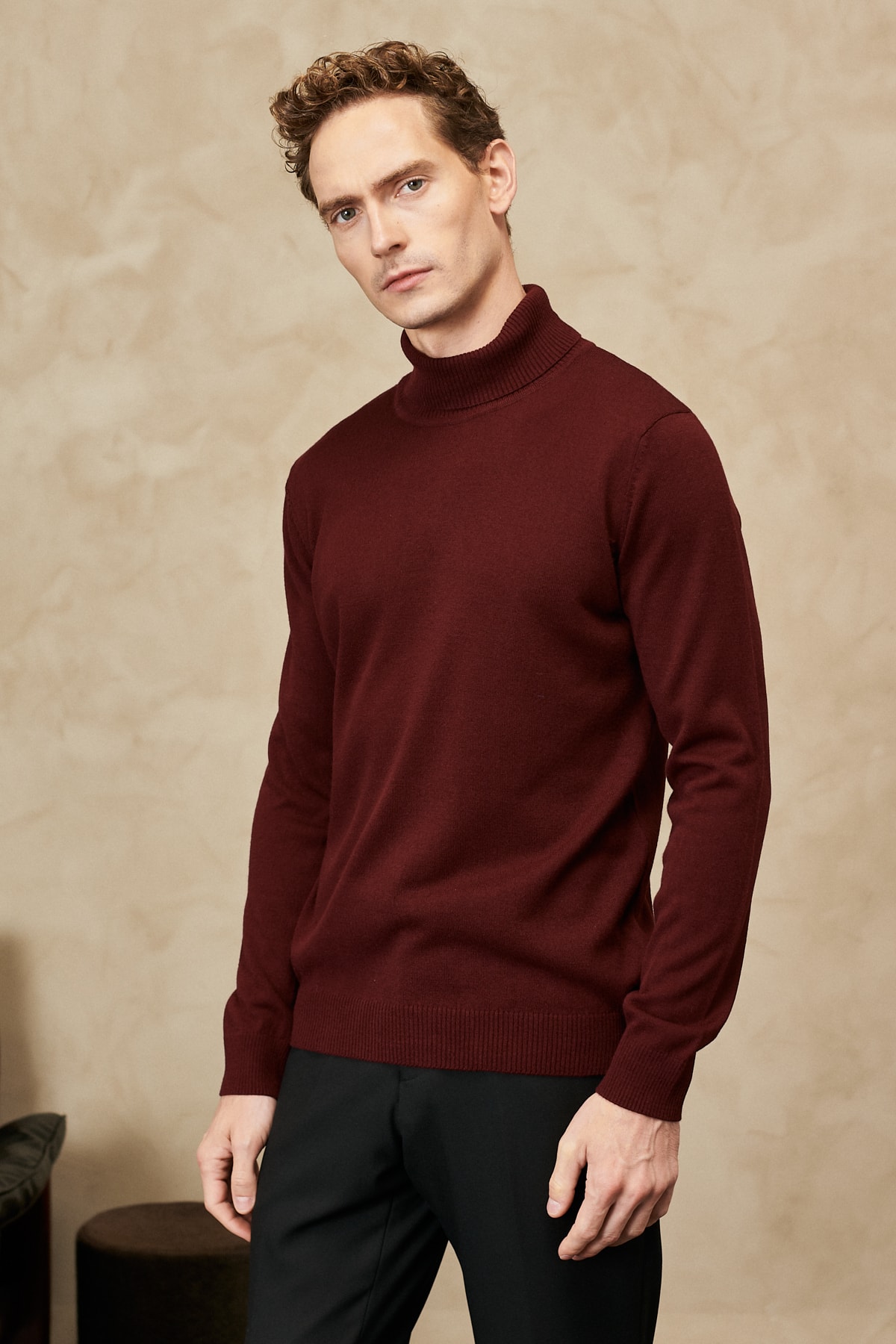 ALTINYILDIZ CLASSICS Men's Burgundy Anti-Pilling Anti Pilling Standard Fit Full Turtleneck Knitwear Sweater