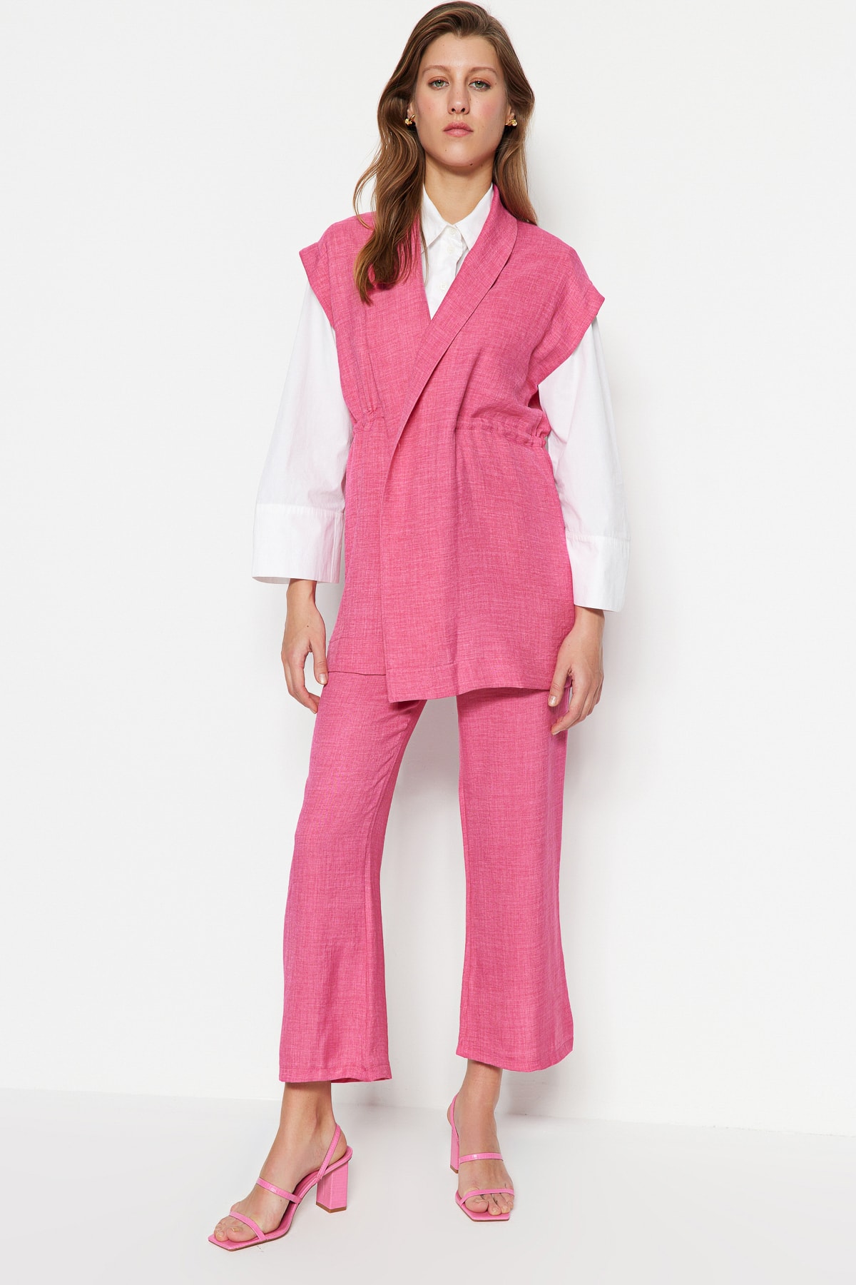 Trendyol Fuchsia Inside Tied Linen Look Kimono-Pants Woven Suit