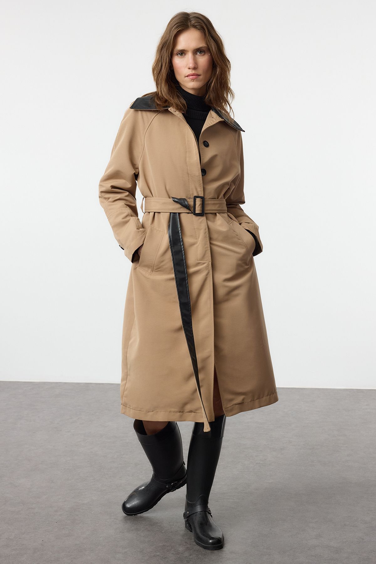 Trendyol Beige Regular Belted Faux Leather Detailed Long Trench Coat
