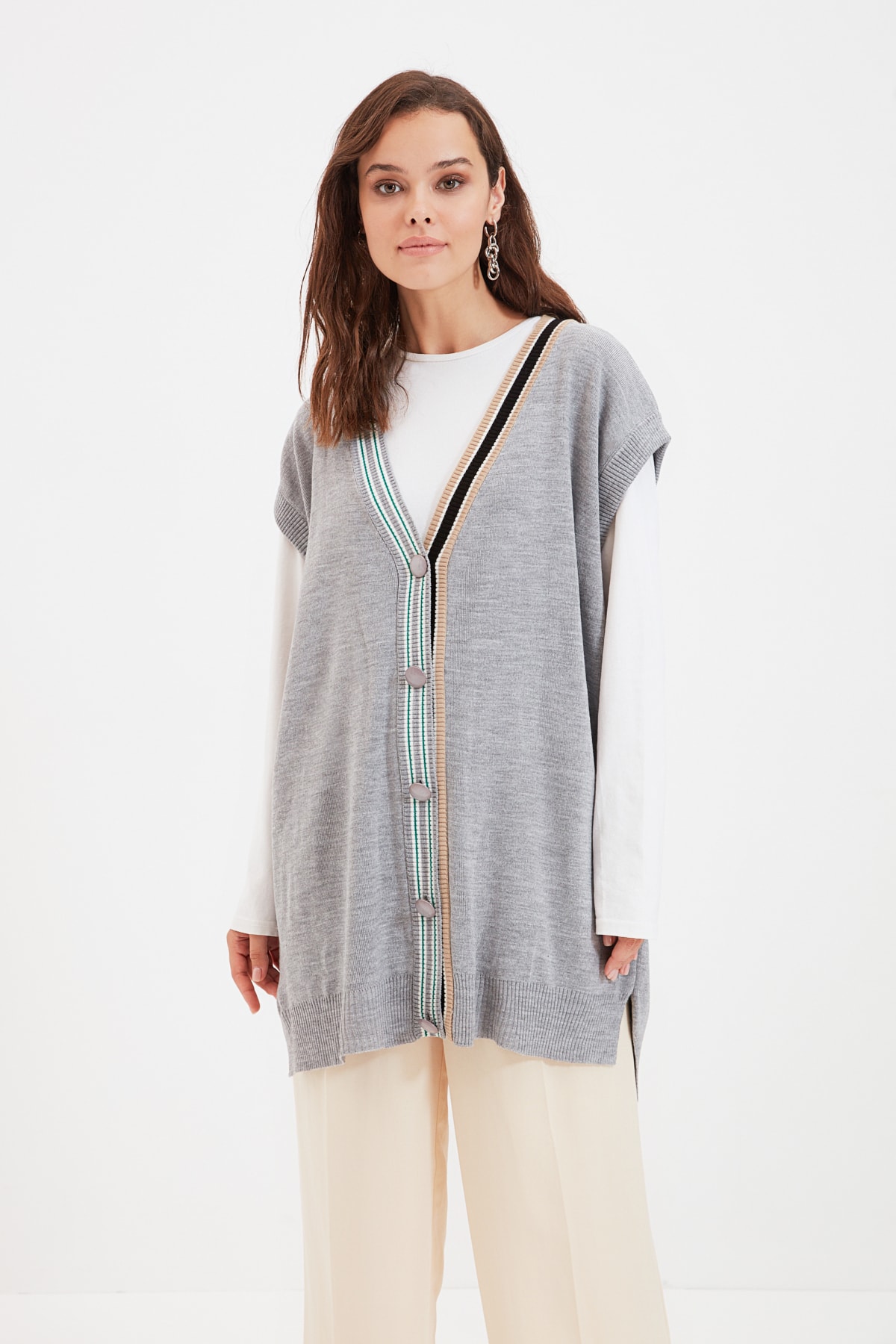 Trendyol šedý límec pruhovaný detailní pletený svetr