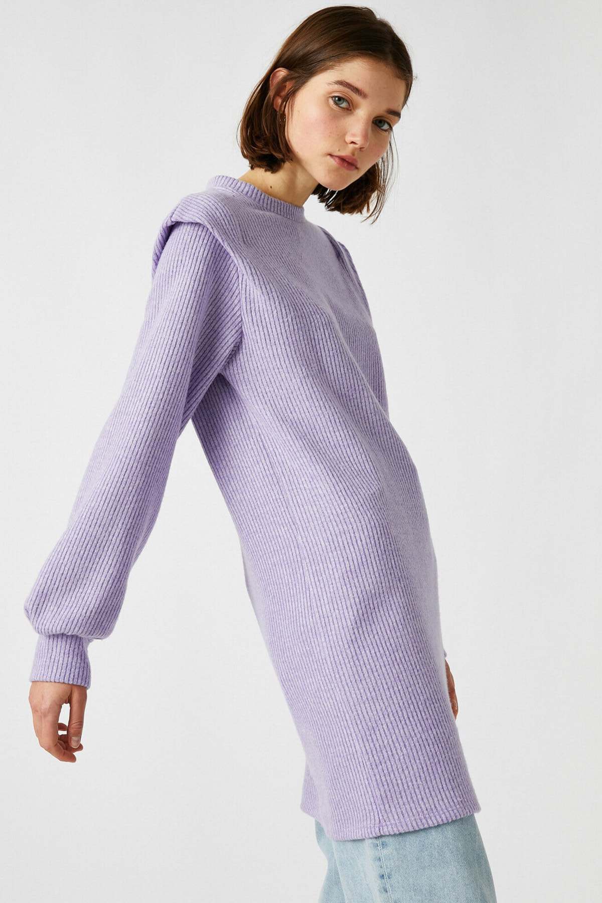 Koton Women's Purple Crew Neck Long Sleeved Short Dress