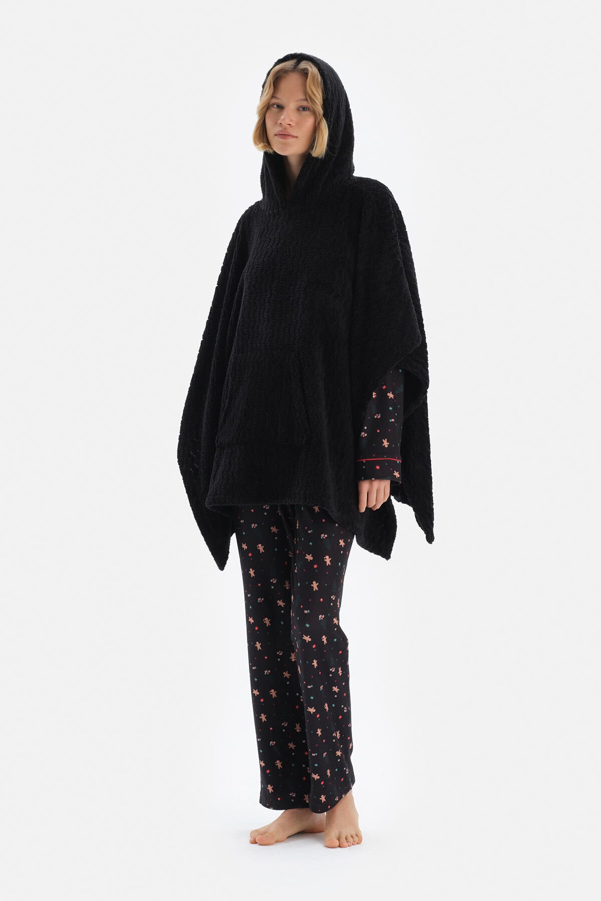 Dagi Black Hair Braided Hoodie Fleece Poncho