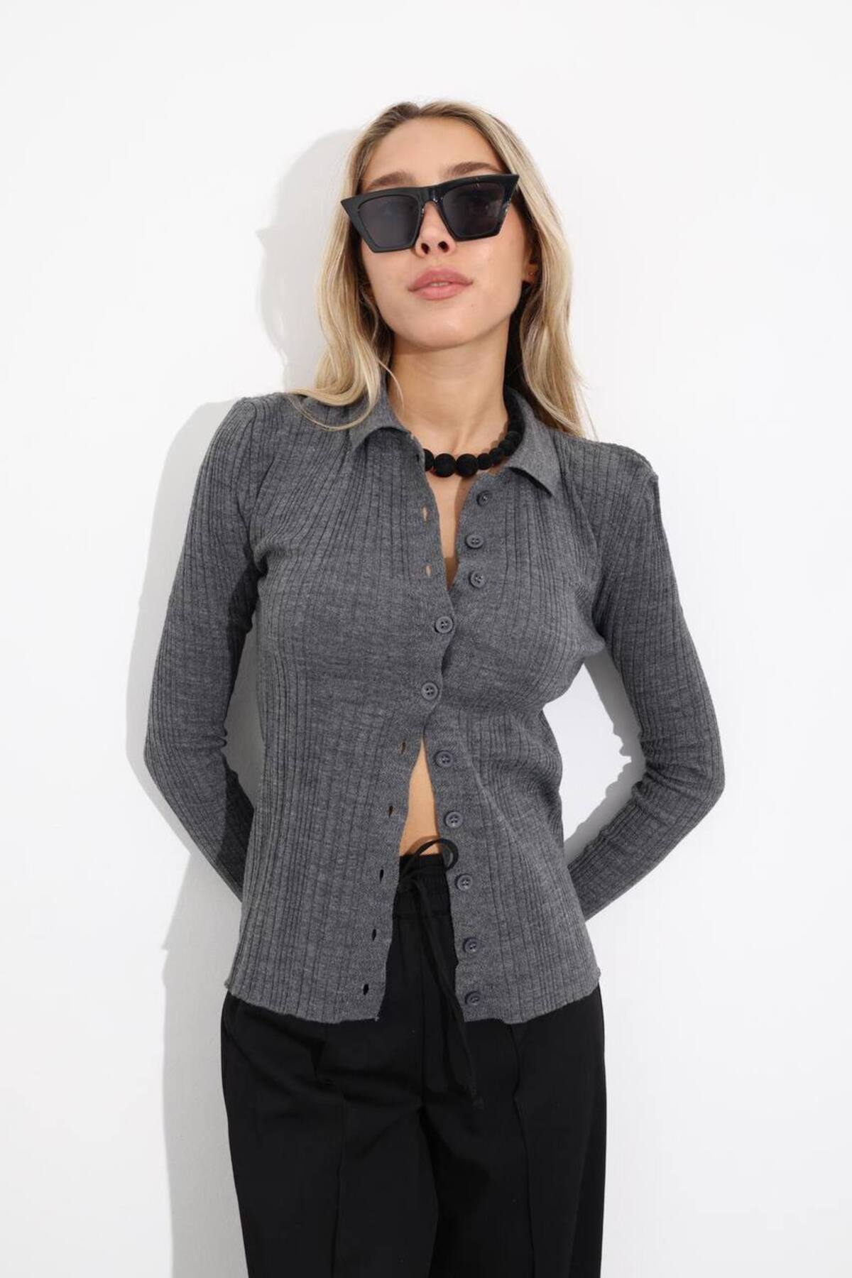 Laluvia Anthracite Polo Collar Buttoned Knitwear Cardigan