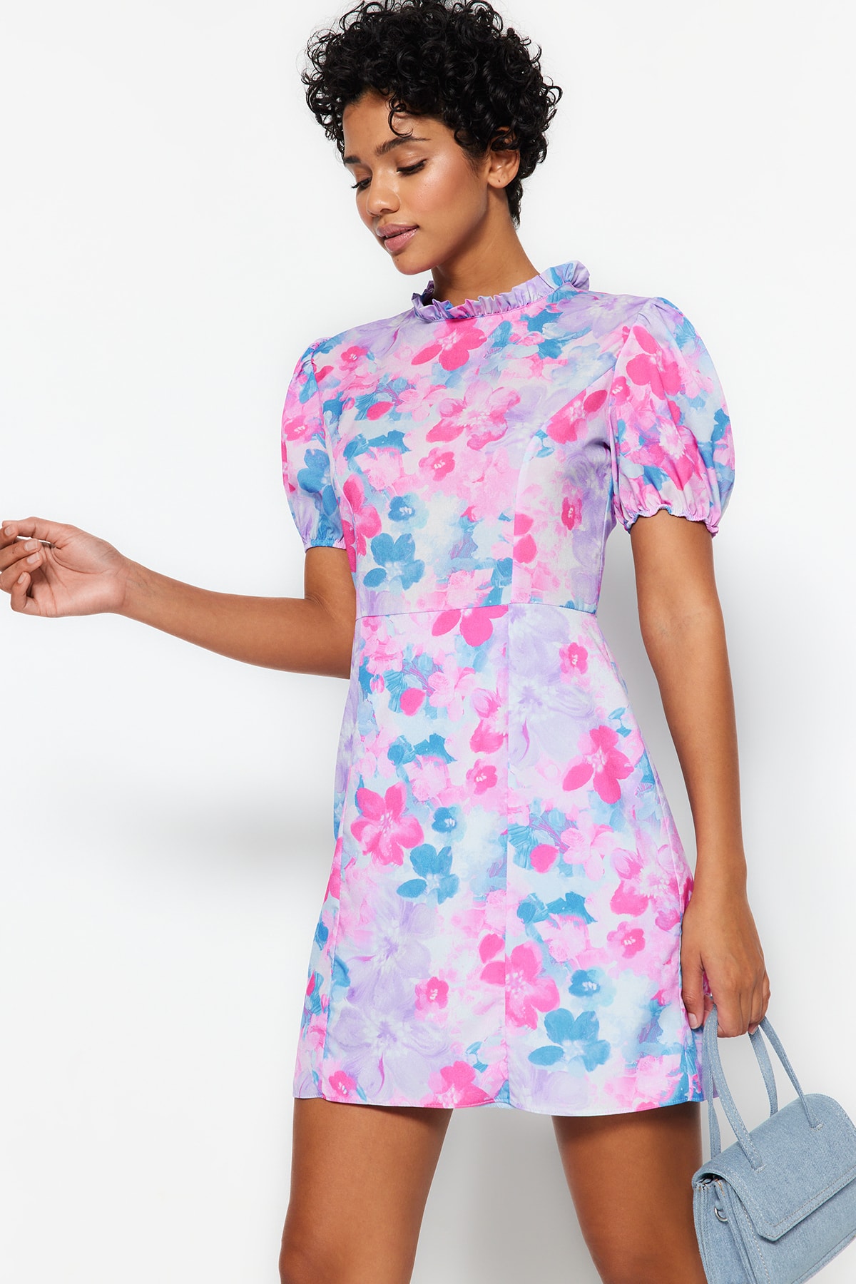 Trendyol Blue High Neck Floral Model Lined Mini Țesut Rochie