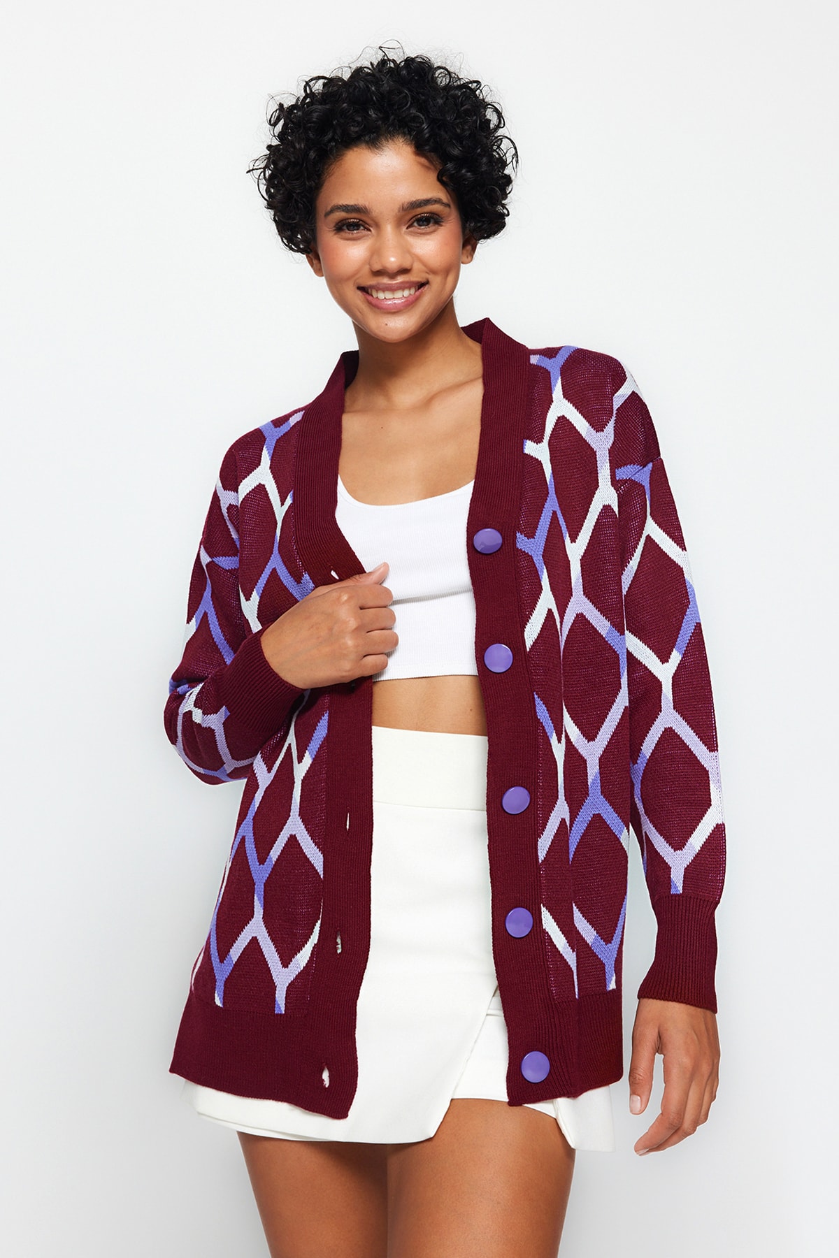 Trendyol Plum Wide Fit V-Neck Knitwear Cardigan