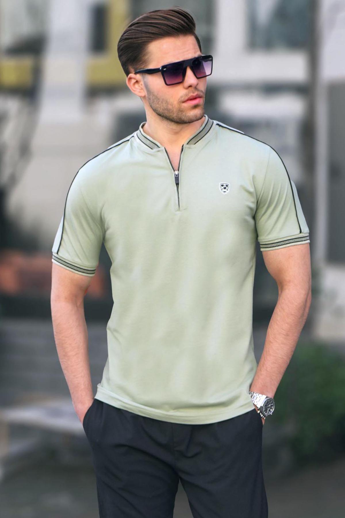Levně Madmext Almond Green Polo Neck Men's T-Shirt 9281