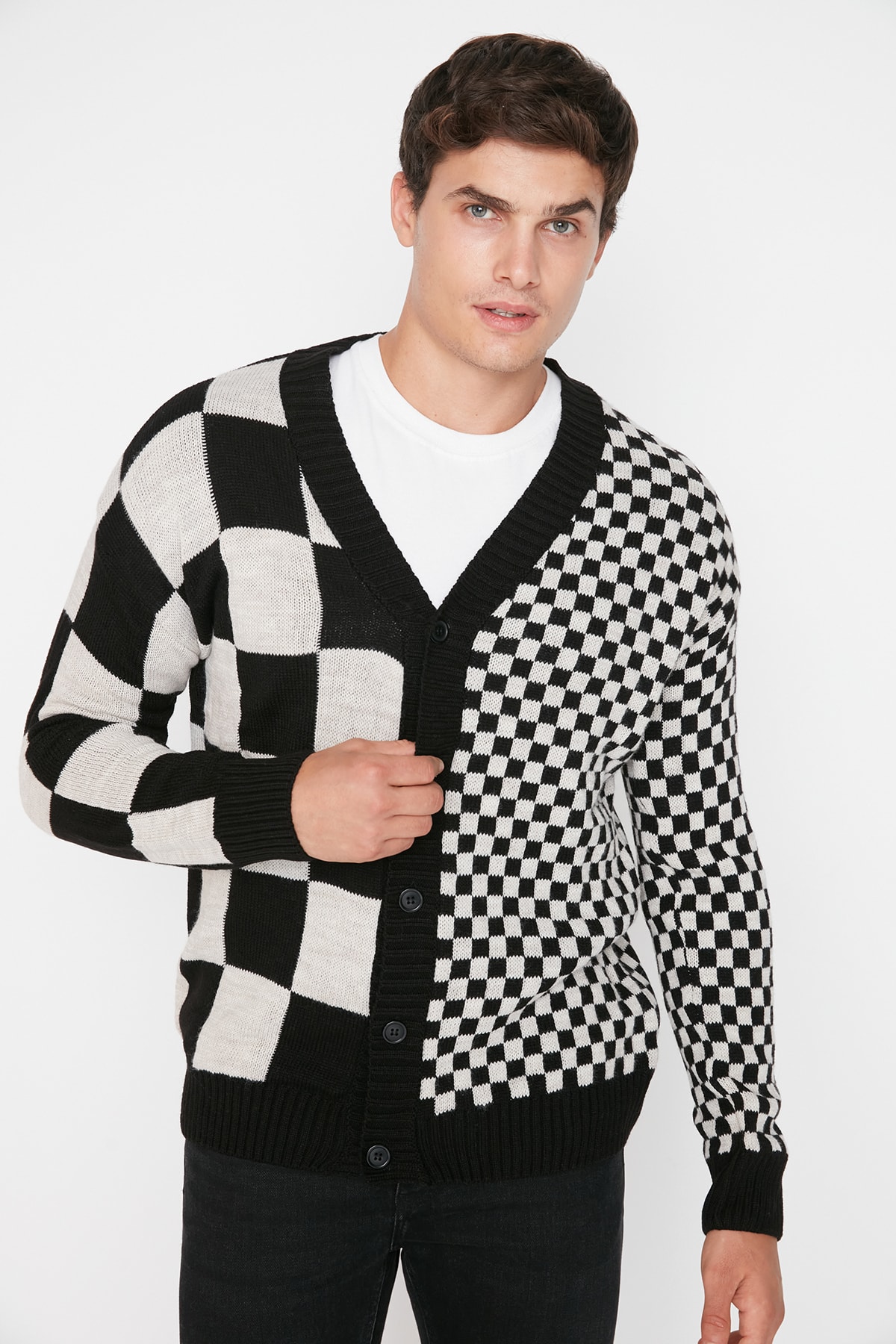 Trendyol Black Men's Regular Fit Checkerboard Pattern Jacquard Cardigan Family Package