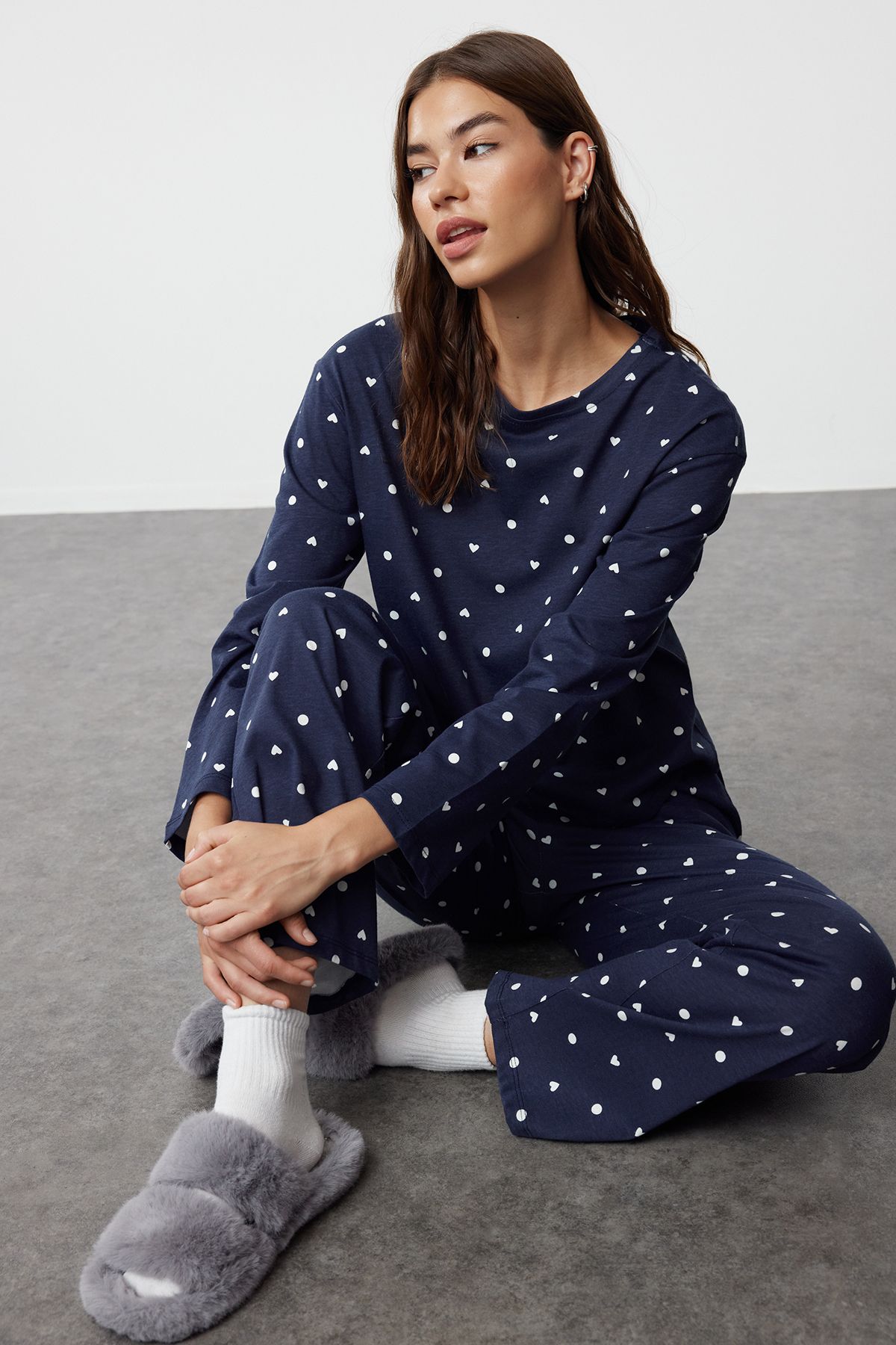 Trendyol Navy Blue Printed Single Jersey Knitted Pajama Set