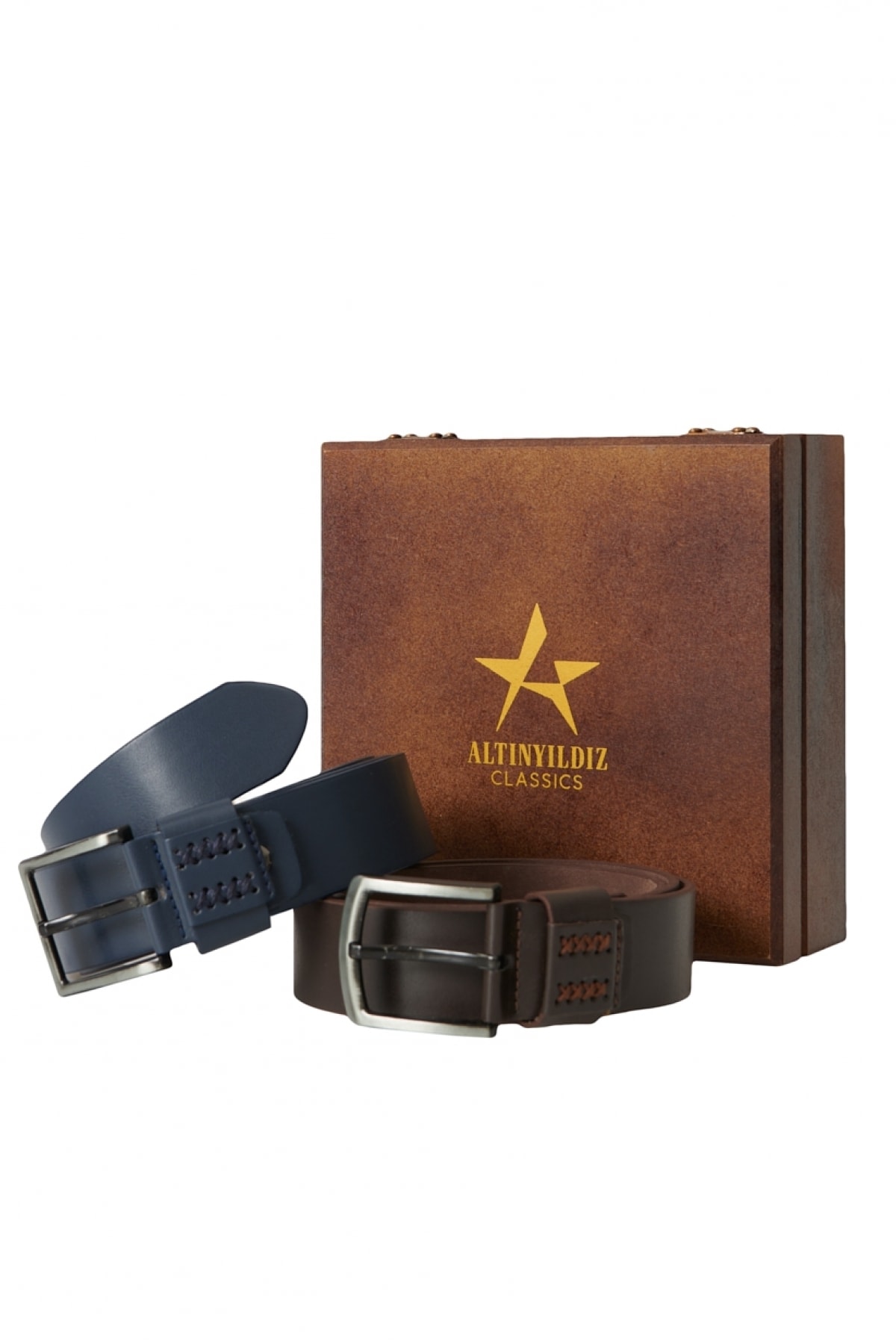 Levně ALTINYILDIZ CLASSICS Men's Navy Blue-Brown Set of 2 Jeans Belt with Special Wooden Gift Box Groom's Pack