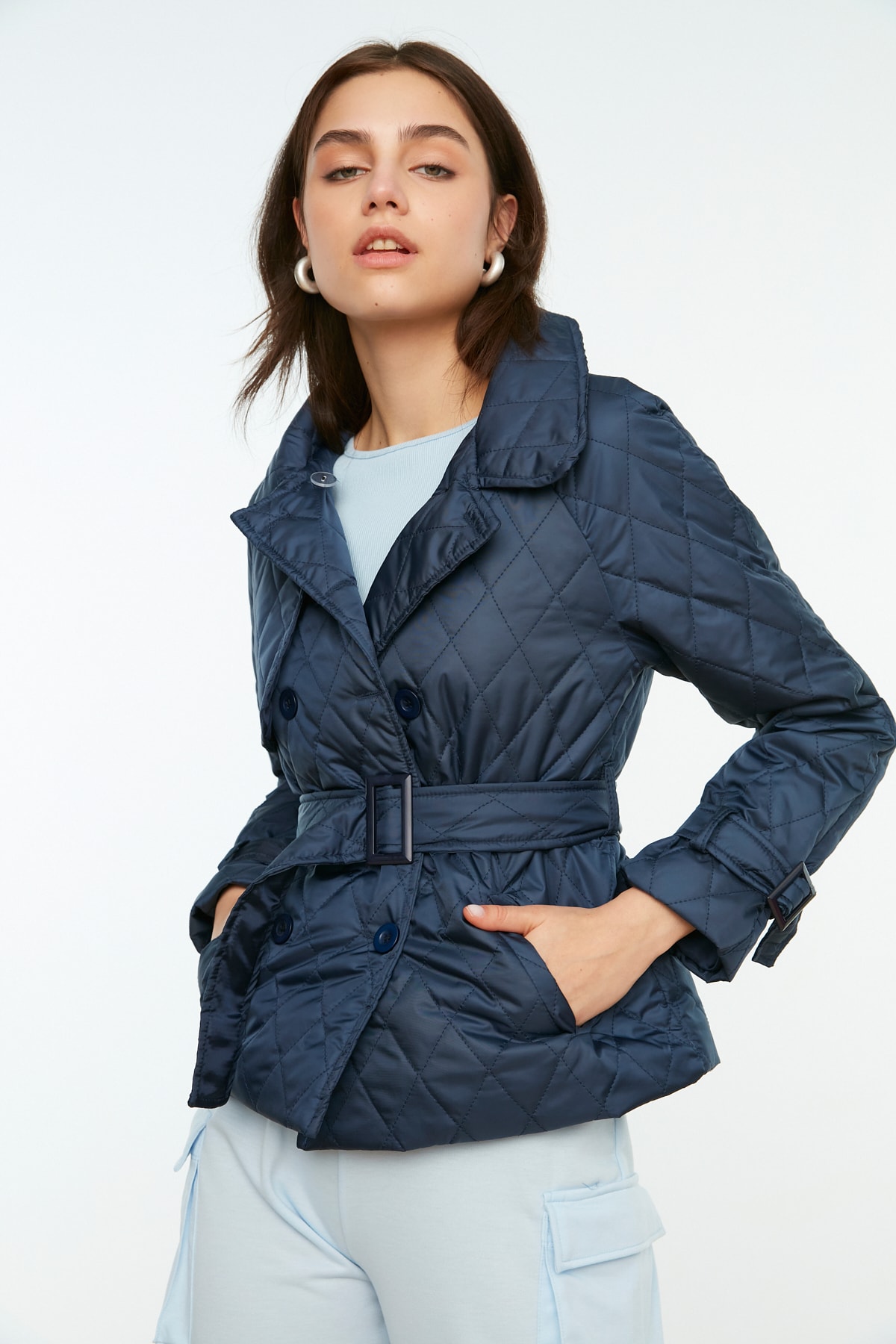Trendyol Navy Blue Quilted Coat with Belt and Button Close