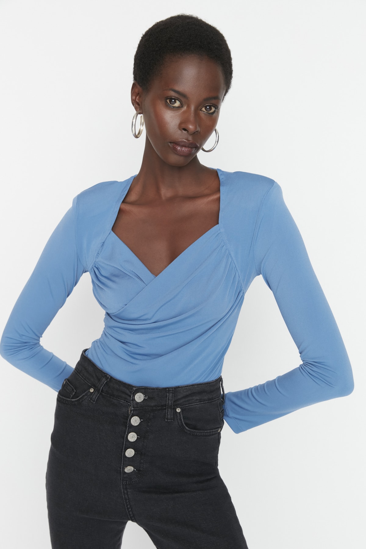 Levně Trendyol Indigo Waistband Draped Detailed Fitted/Situated Elastic Snaps Knitted Bodysuit