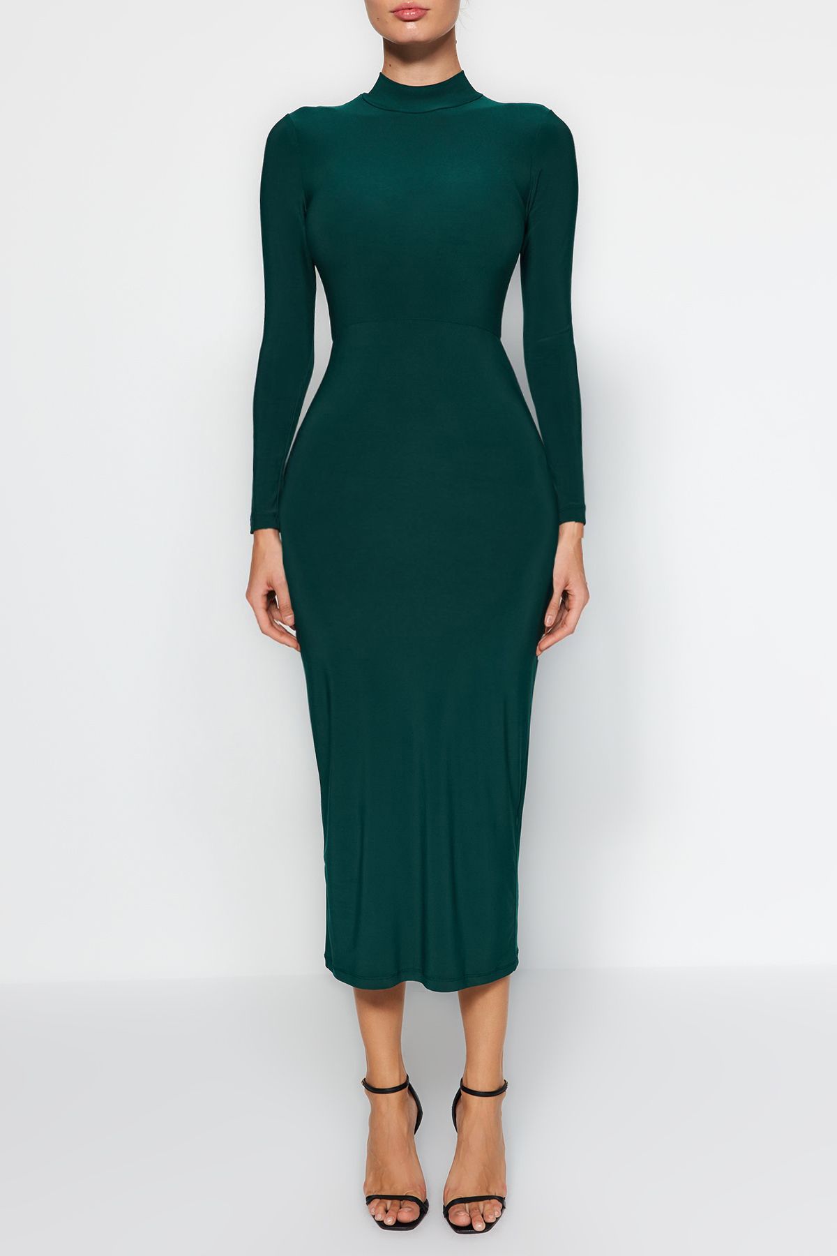 Trendyol Emerald Green Stand-Up Collar Fitted/Situated Maxi strečové pletené šaty