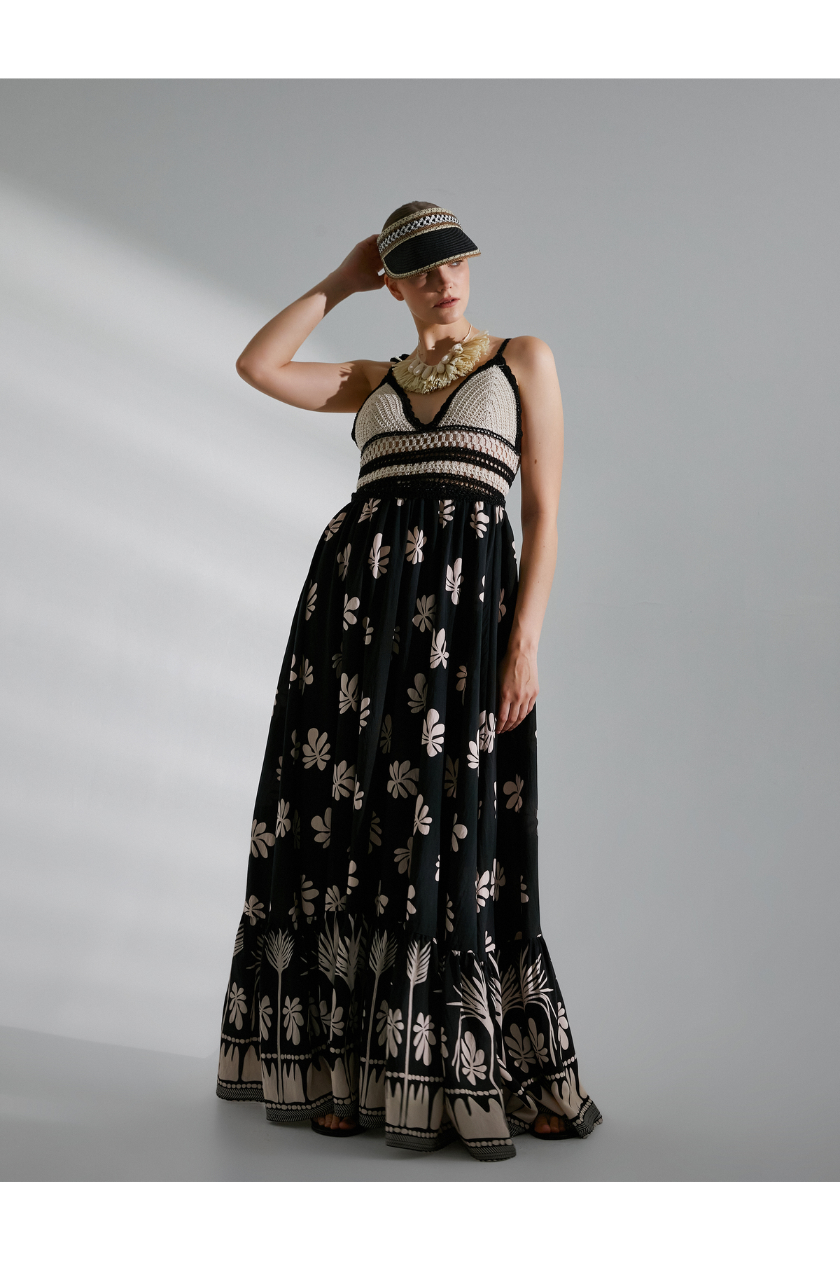 Levně Koton Melis Ağazat X Cotton - Strapless Long Dress with Crochet Detail