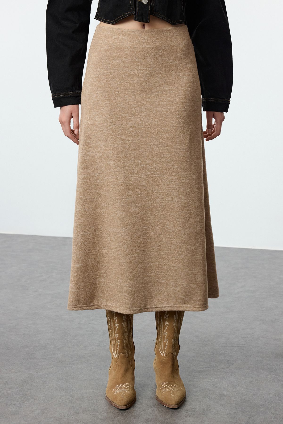 Trendyol Mink High Waist Flared Form Midi Length Soft Knitted Skirt