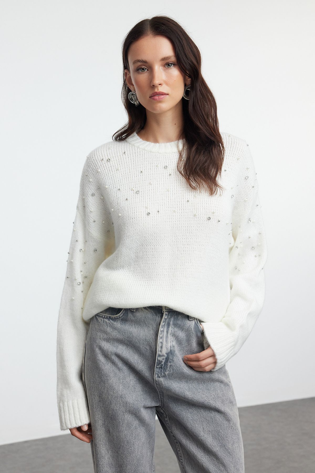 Trendyol Ecru Stone Embroidered Knitted Sweater