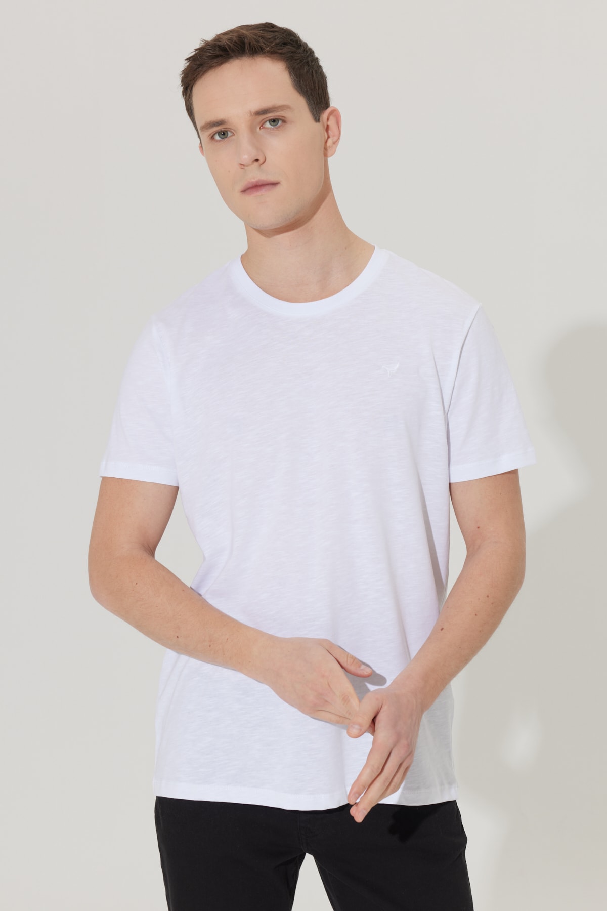 Levně ALTINYILDIZ CLASSICS Pánské bílé slim fit slim fit posádka výstřih 100% bavlna krátký rukáv logo tričko