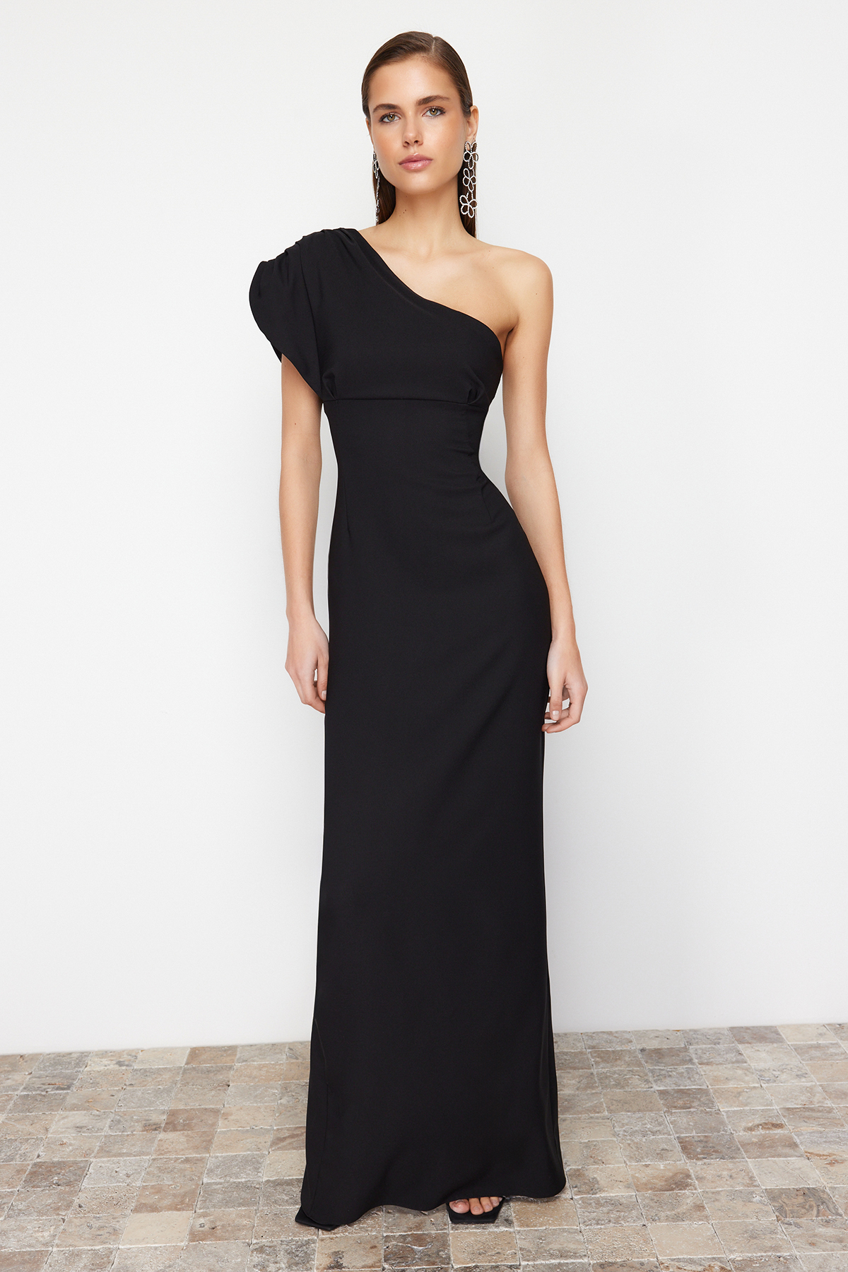 Trendyol Black Asymmetrical Collar Woven Long Evening Dress