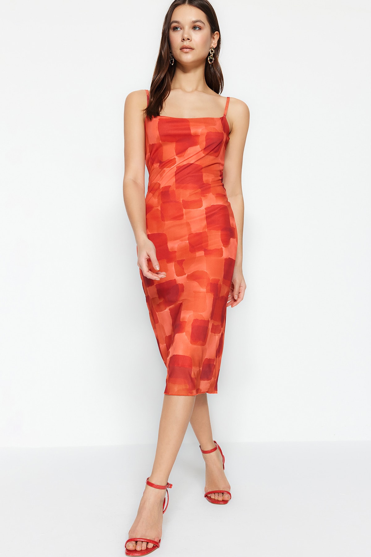 Trendyol Tile Fitted/Situated, Square Neck Straps Tulle Stretch Knitted Dress