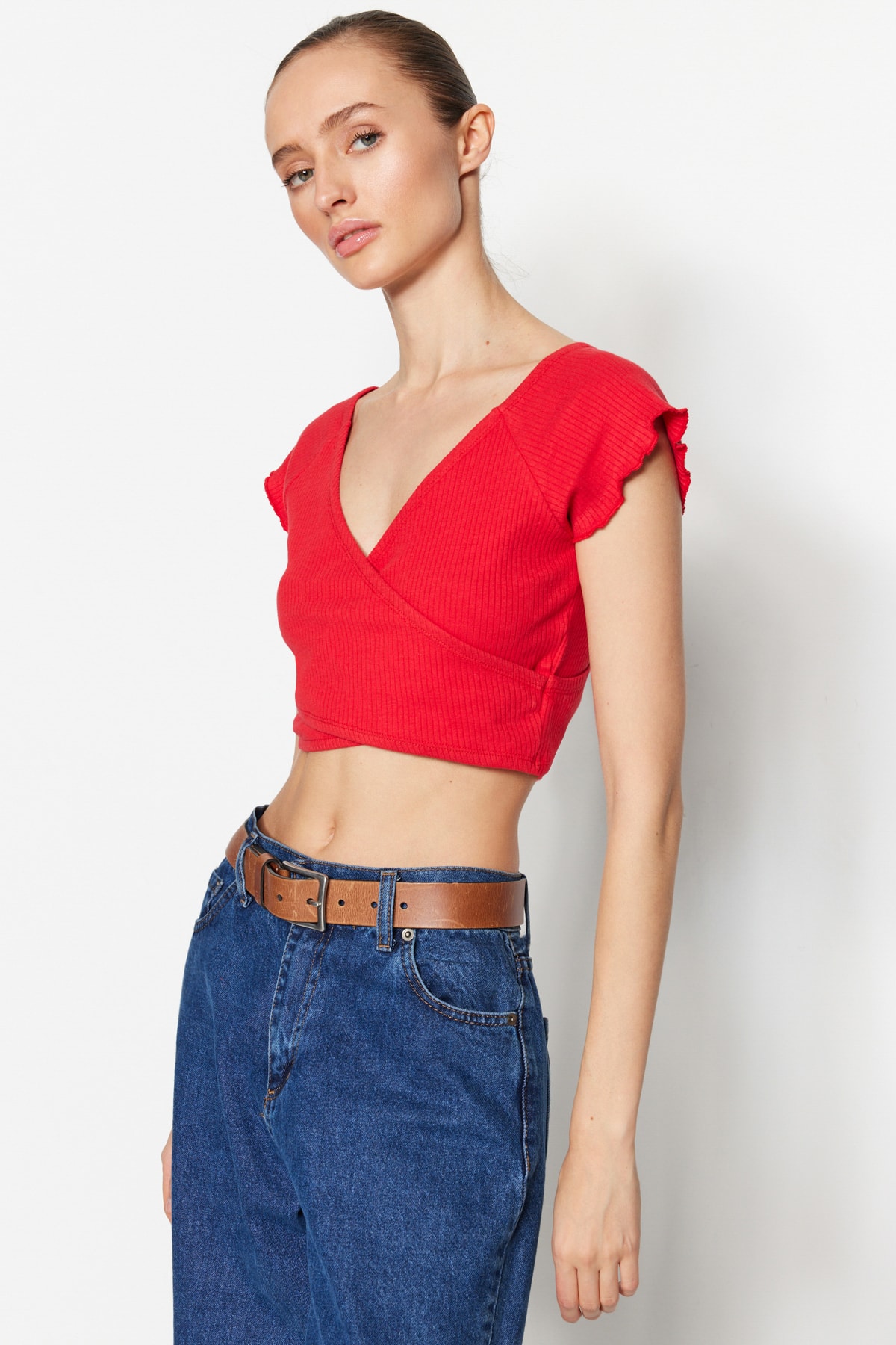 Levně Trendyol Red Crop Corduroy Knitted Cotton Shirt, Double Breasted, Double Breasted