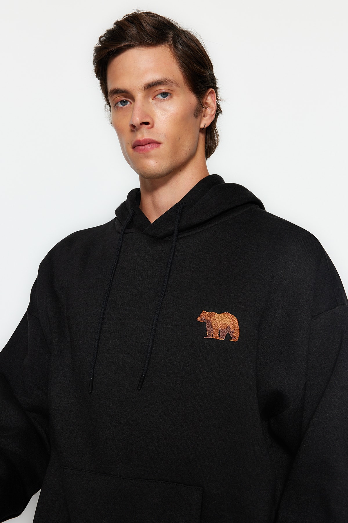 Trendyol Men's Black Oversize/Wide-Fit Hooded Animal Embroidery Fleece Cotton Sweatshirt