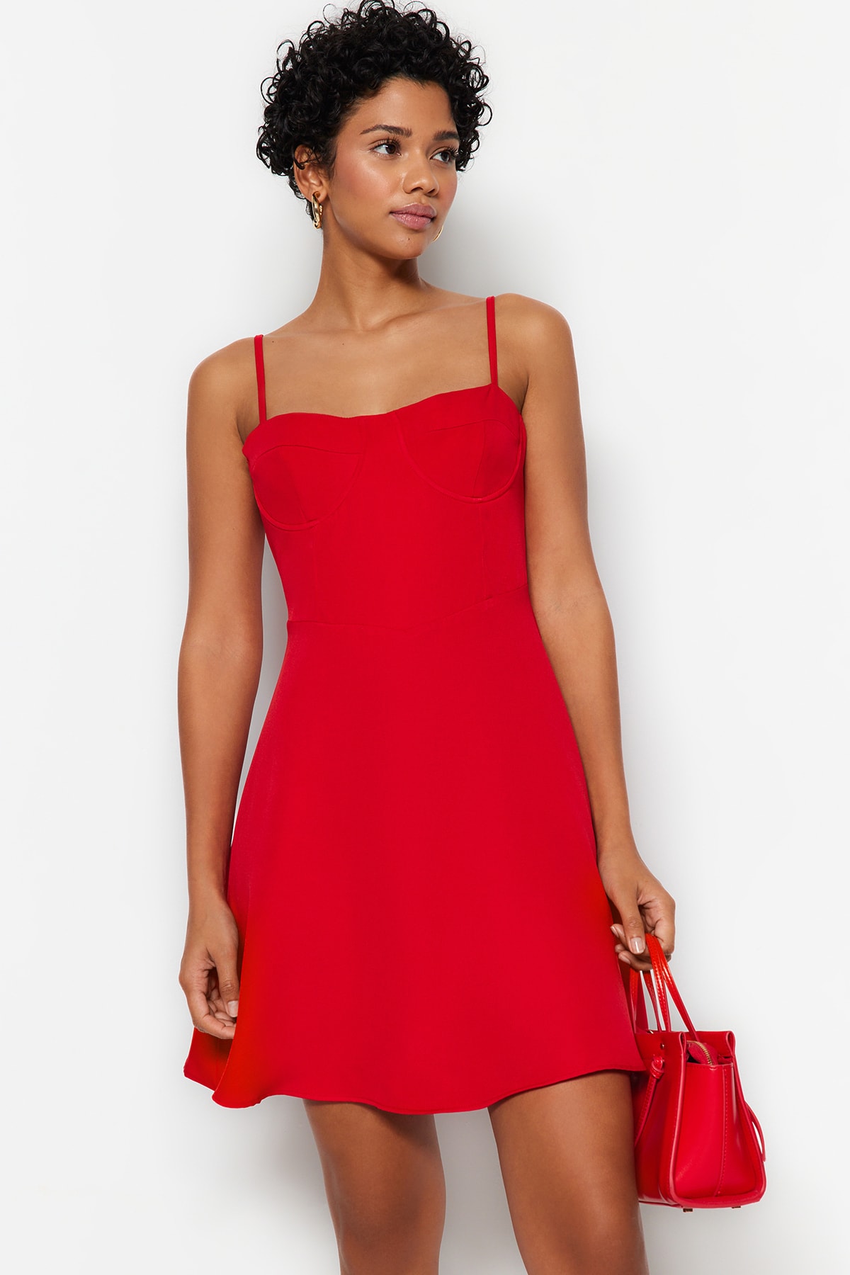 Levně Trendyol červený límeček Detailní mini tkané tkané šaty