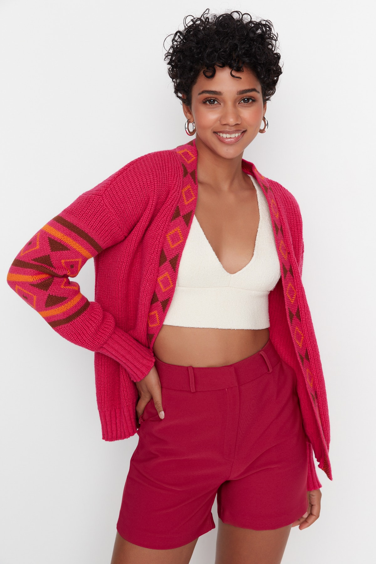 Trendyol Fuchsia Patterned Oversized Knitwear Cardigan