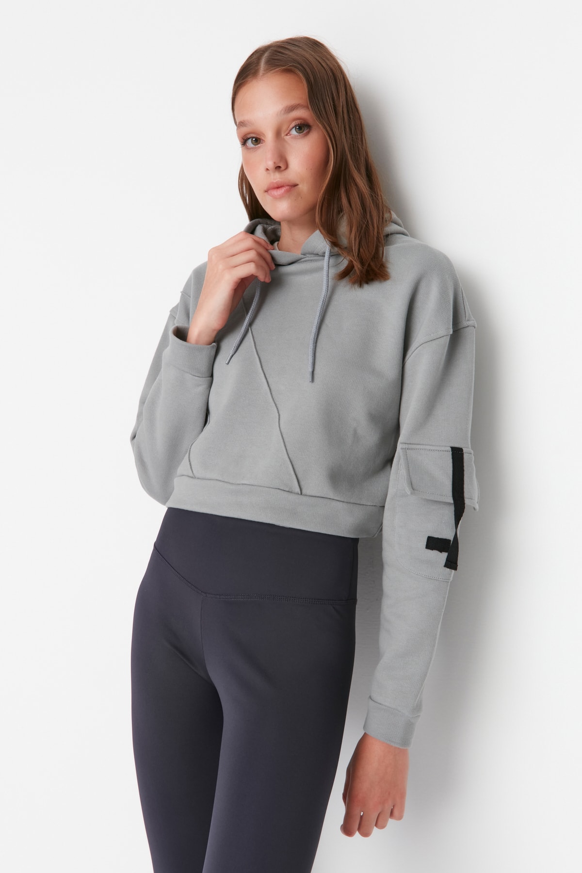 Trendyol Gray Hooded Fleece Sportswear Sweatshirt