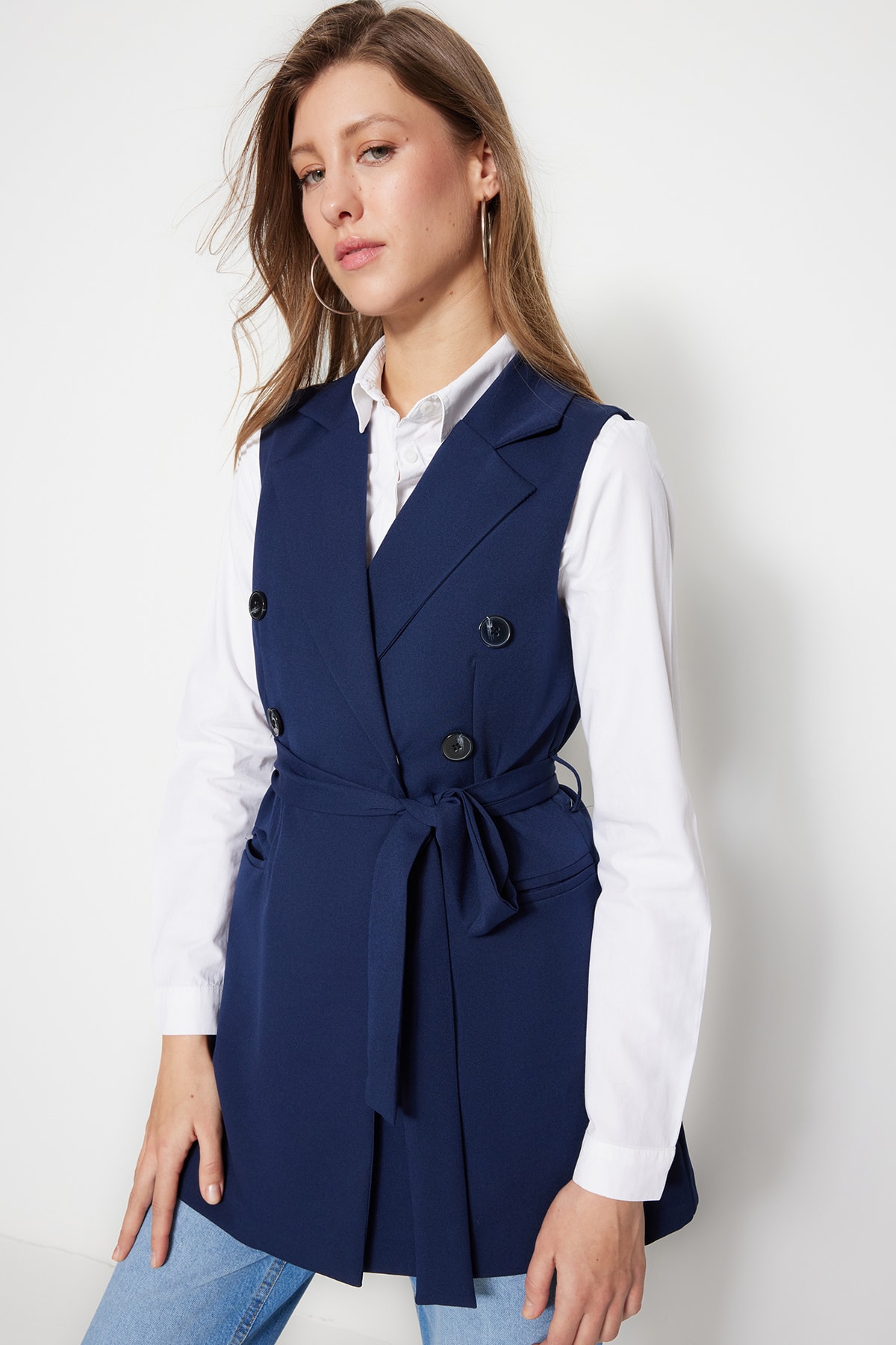 Trendyol Navy Blue Tie Waist Detail Woven Lined Vest