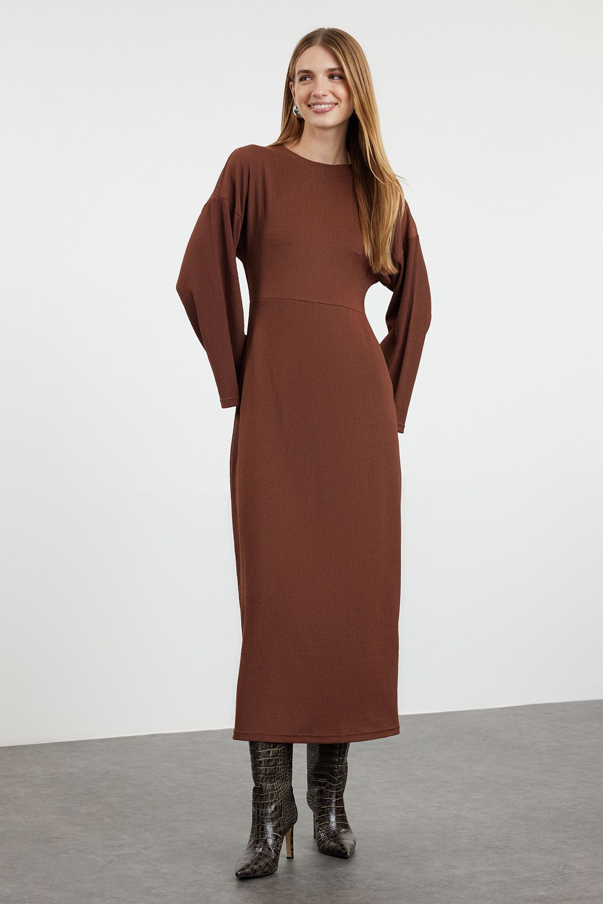 Trendyol Brown Spanish Sleeve Wrap/Textured Knitted Dress