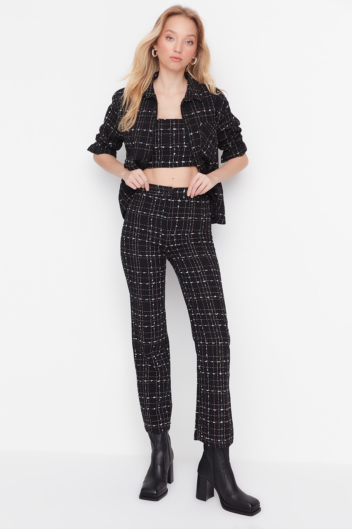 Trendyol Black cigareta s vysokým pásom Tweed Kárované tkané nohavice