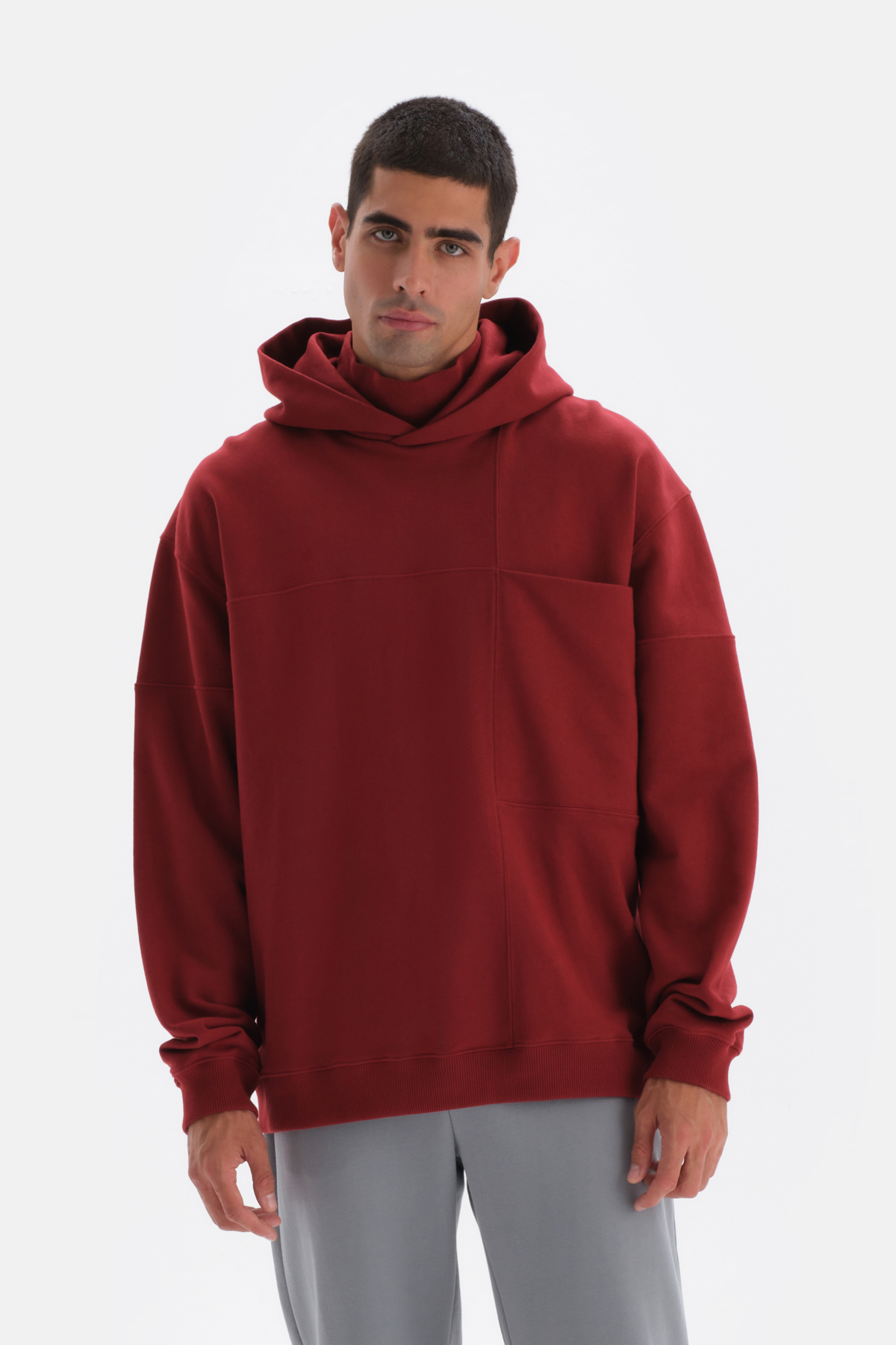 Levně Dagi Burgundy Pocket Detailed Hooded Sweatshirt