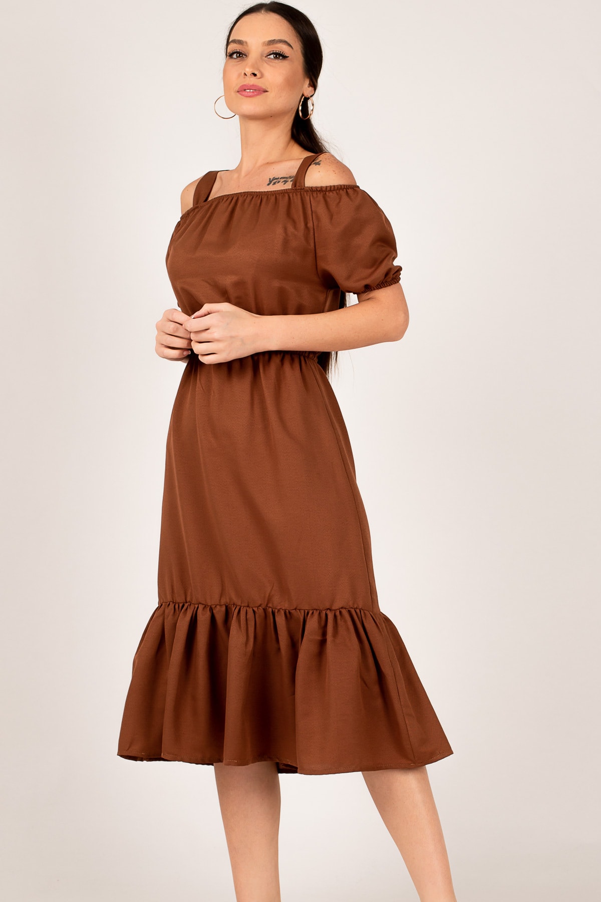 Levně armonika Women's Brown Dress with Elastic Waist, Straps