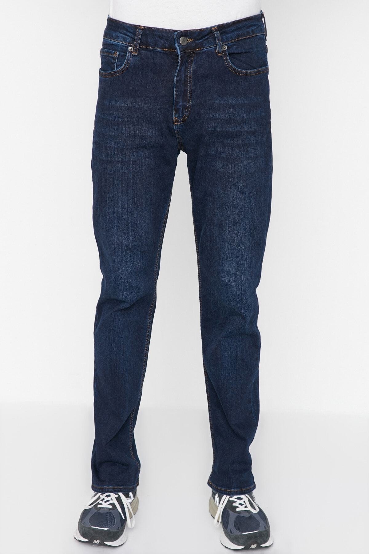 Levně Trendyol Navy Blue Stretch Fabric Regular Fit Jeans Denim Trousers