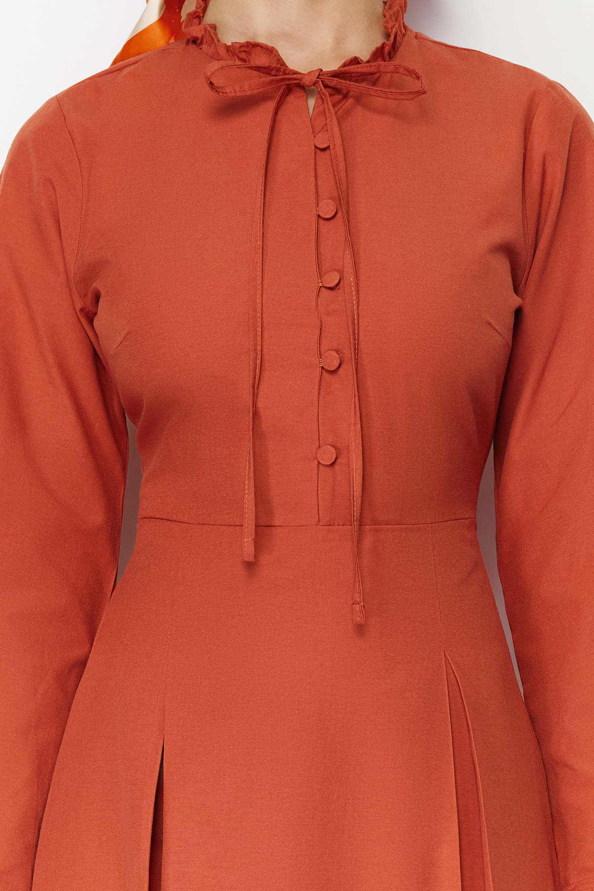 Trendyol Tile Collar Tie Detail Buttoned Woven Dress