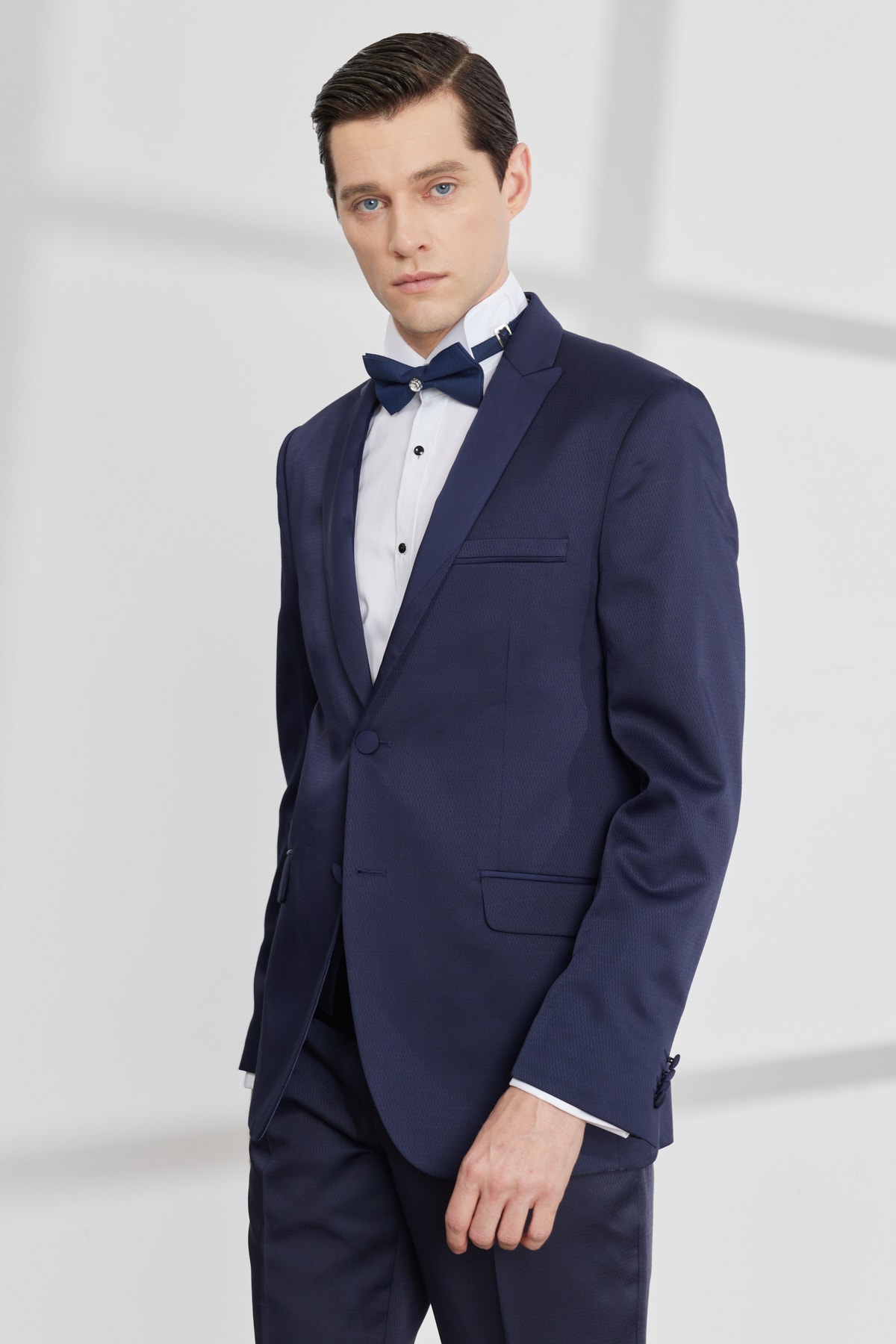 ALTINYILDIZ CLASSICS Men's Navy Blue Slim Fit Slim Fit Dovetail Neck Dobby Vest Tuxedo Suit