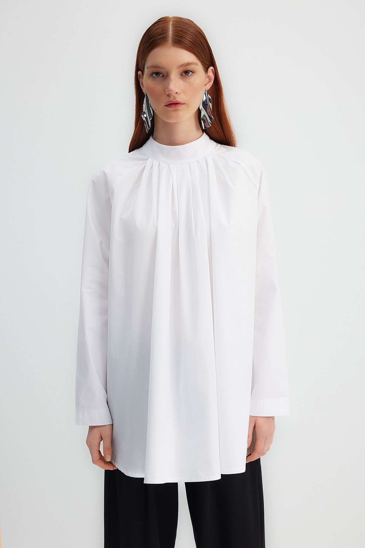Trendyol X Kevser Sarıoğlu White Collar Pleat Detail 100% Cotton Woven Poplin Tunic