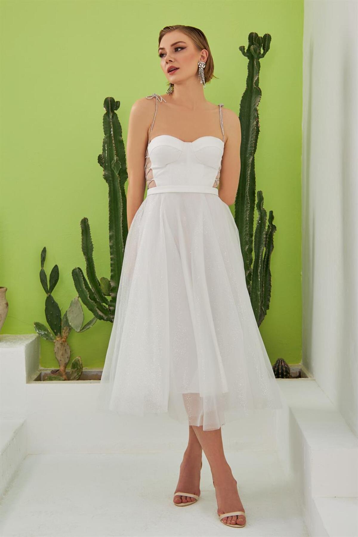 Carmen Ecru Tulle Strap Princess Midi Prom and Wedding Dress