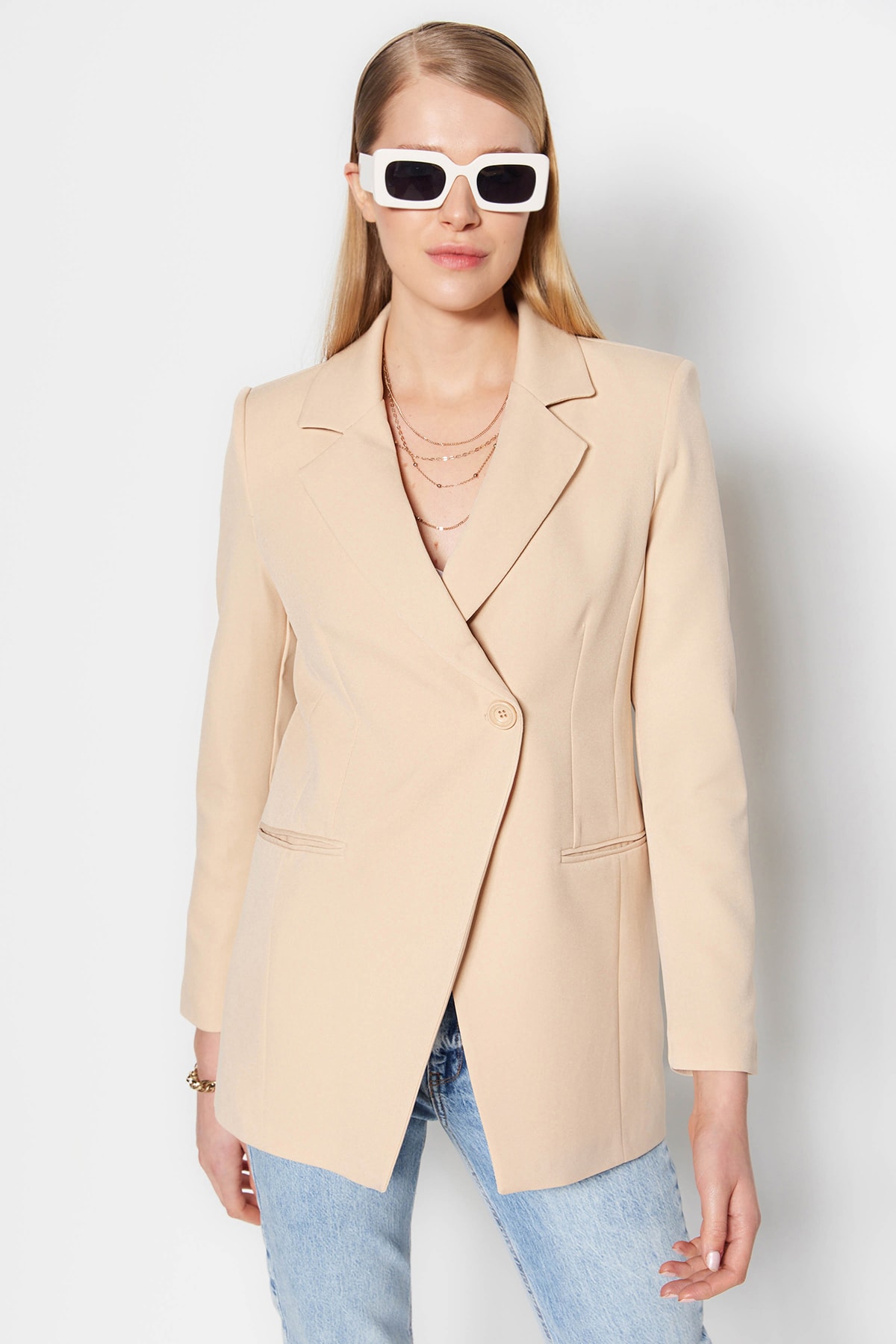 Levně Trendyol Beige Woven Lined Double Breasted Blazer with Closure
