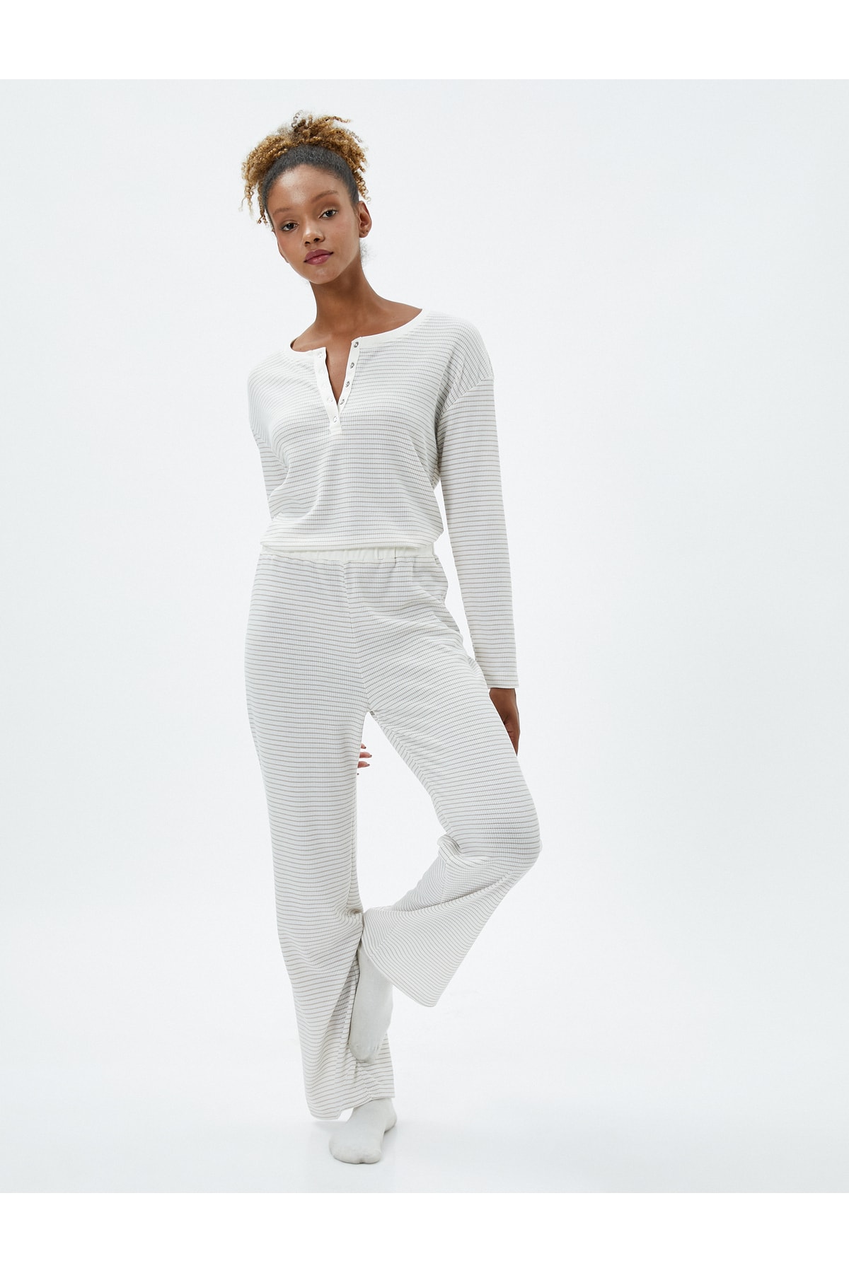 Koton Straight Leg Pajamas Bottoms with Elastic Waist, Textured Viscose Blend.
